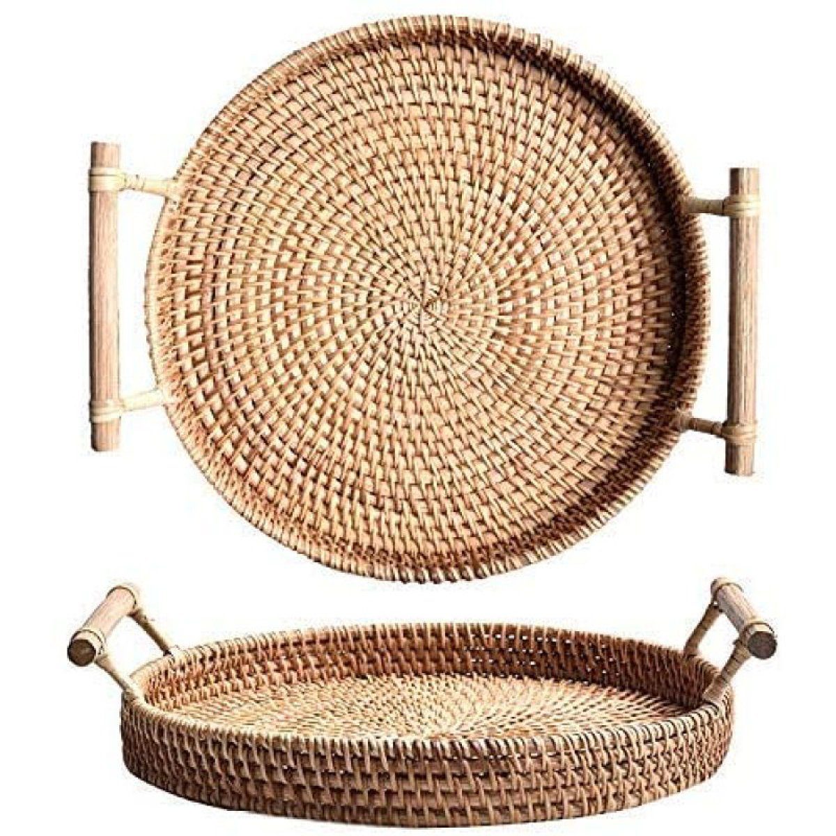 Jormftte Tablett Rattan Serviertablett mit Griffen Handgewebtes deko,für Bar partys Holzfarbe1