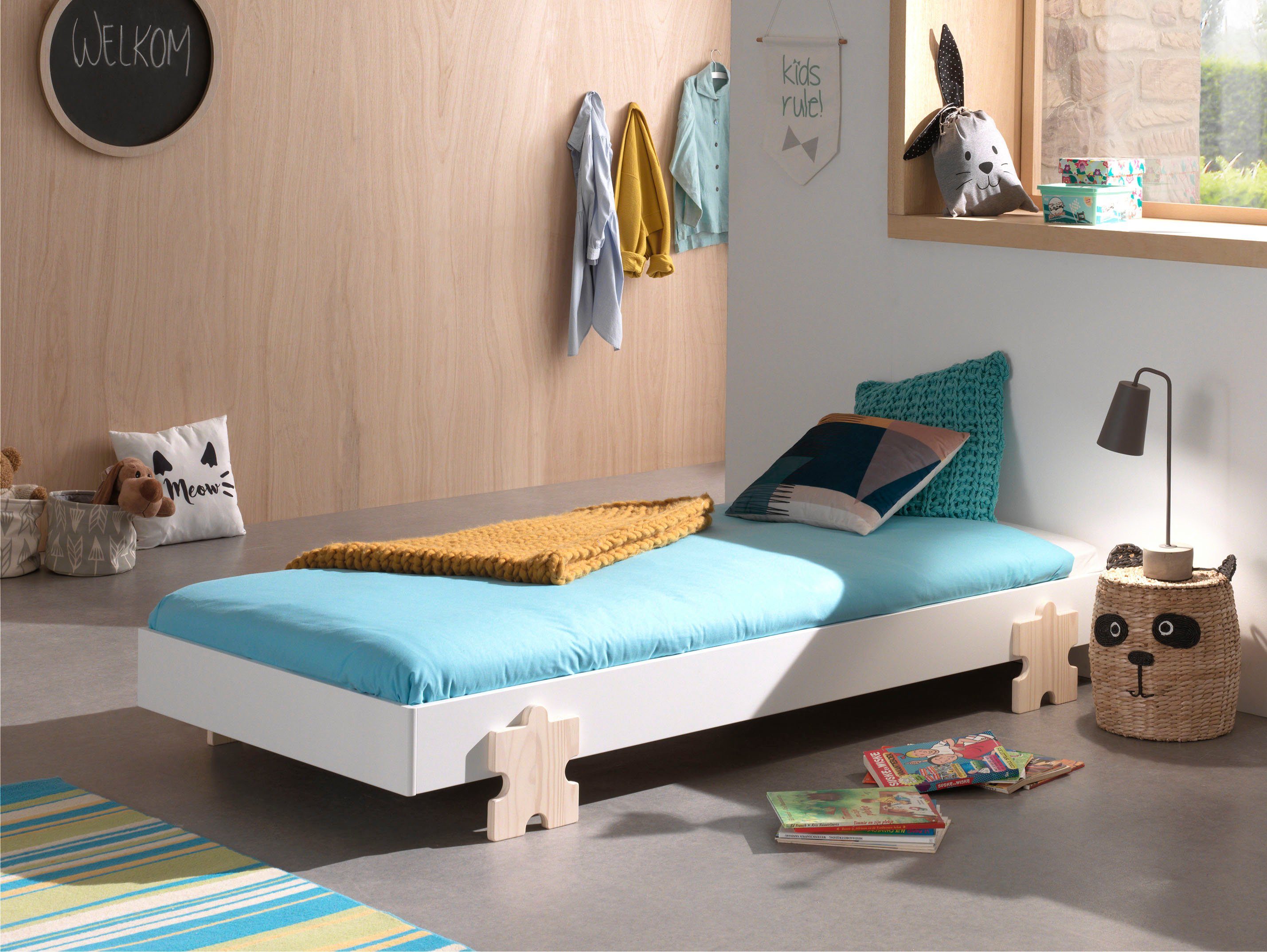 Vipack Kinderbett Modulo, stapelbares Einzelbett, inkl. Rolllattenrost, 2 Farben (B/H/T ca. 203,6x93,8x48cm, Fuß Puzzle massiv, Bettseiten MDF lackiert), Liegefläche 90/200 cm, einzeln oder als 2-er Set erhältlich