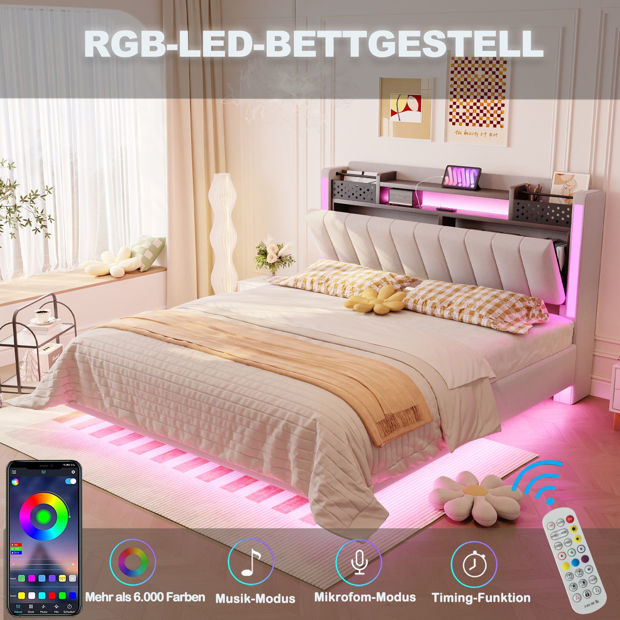 Flieks Polsterbett, LED Schwebebett Doppelbett 140x200cm mit USB-Aufladen und Stauraum