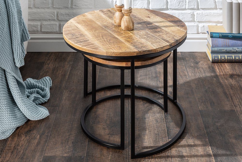 riess-ambiente Beistelltisch ELEMENTS Ø60cm natur / schwarz (Set, 2-St), Mango-Massivholz · Metall-Gestell · rund · Industrial Design