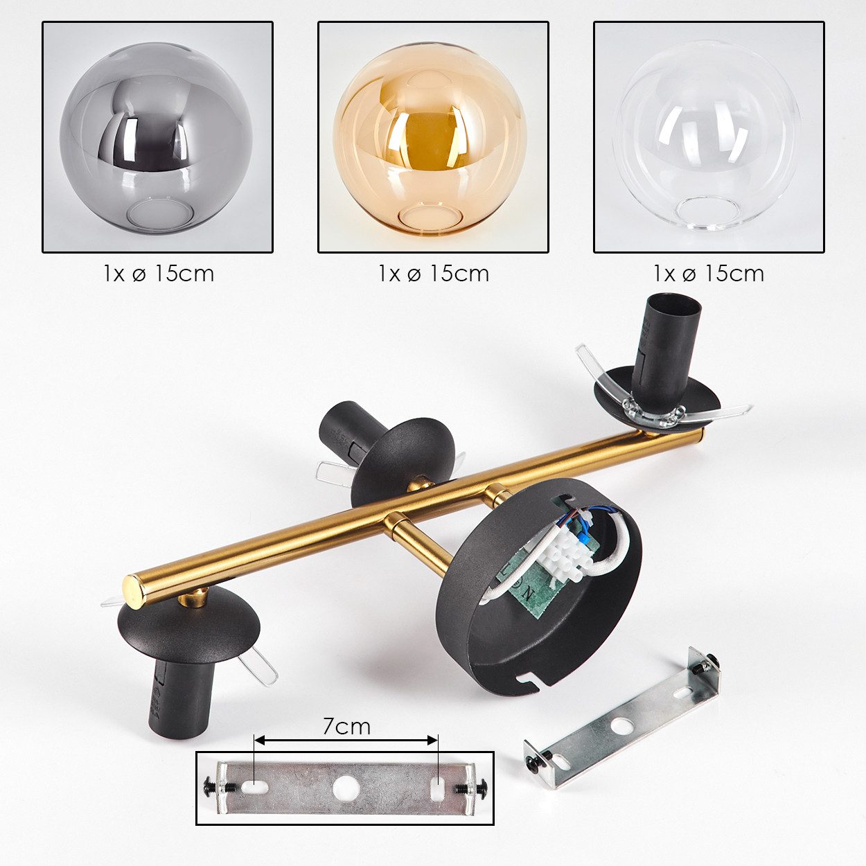 hofstein Deckenleuchte Deckenlampe aus Metall/Glas in Schwarz/Gold/Rauch/Bernstein/Klar, ohne Leuchtmittel, Leuchte im Retro/Vintage-Design mit Glasschirm (15 cm), 3 x E14