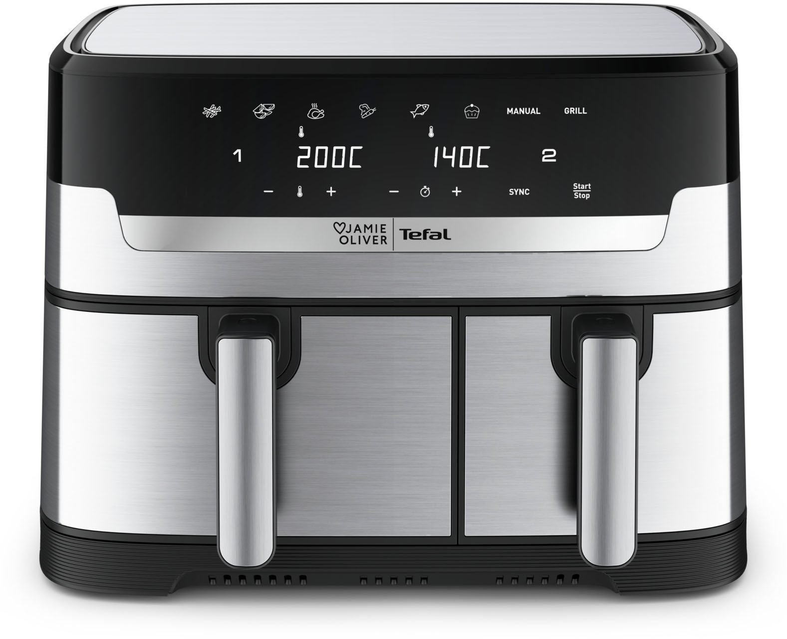 Tefal Heißluftfritteuse Jamie Oliver by Tefal Dual Easy Fry & Grill, 2 unabhängige Garzonen, 2700 W, Heissluftfritteuse Doppelkammer, 8 automatische Programme, EY90JDE
