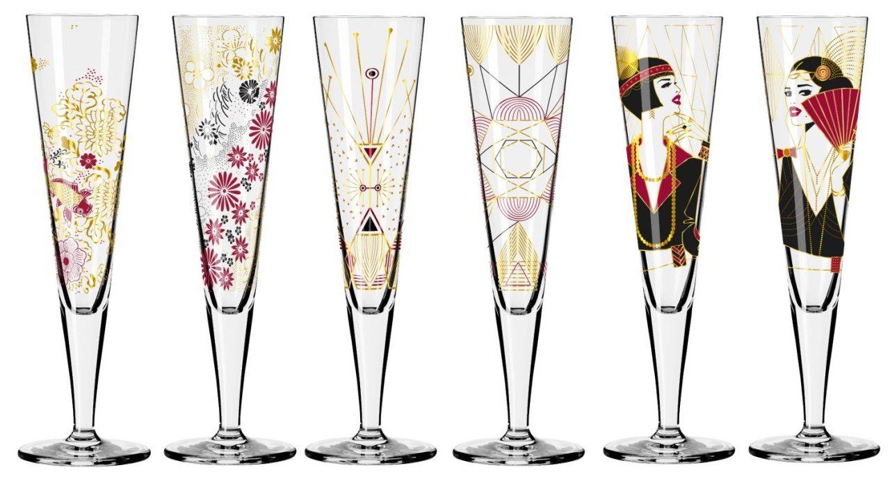 Ritzenhoff Sektglas Goldnacht, Glas, Mehrfarbig H:24cm D:7cm Glas, Motiv:  20er Jahre, Geometrie + Kirschblüten
