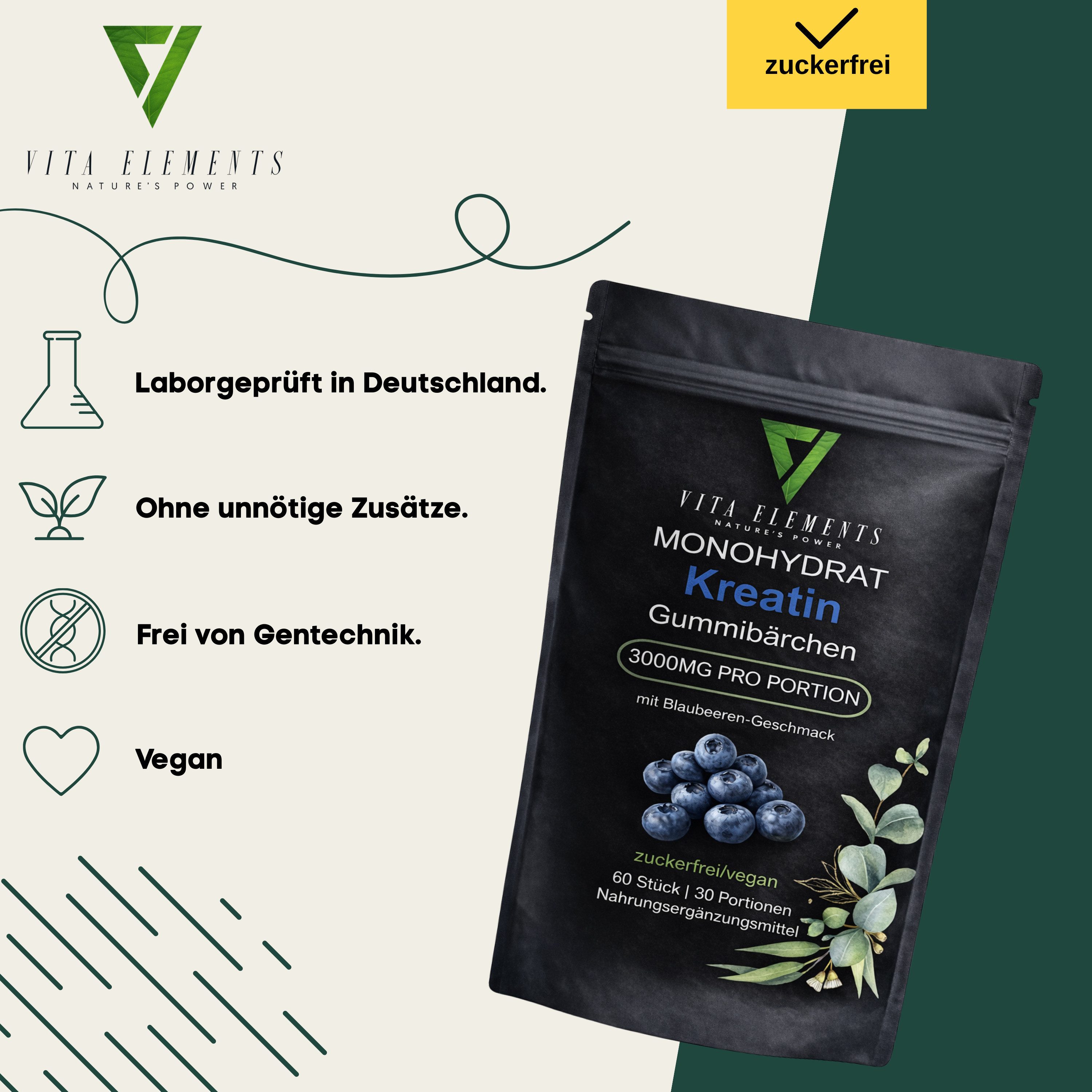Vita Elements Kreatin Monohydrat Gummibärchen, 60 St., Glutenfrei Ohne Gentechnik Laborgeprüft in Deutschland Gummies