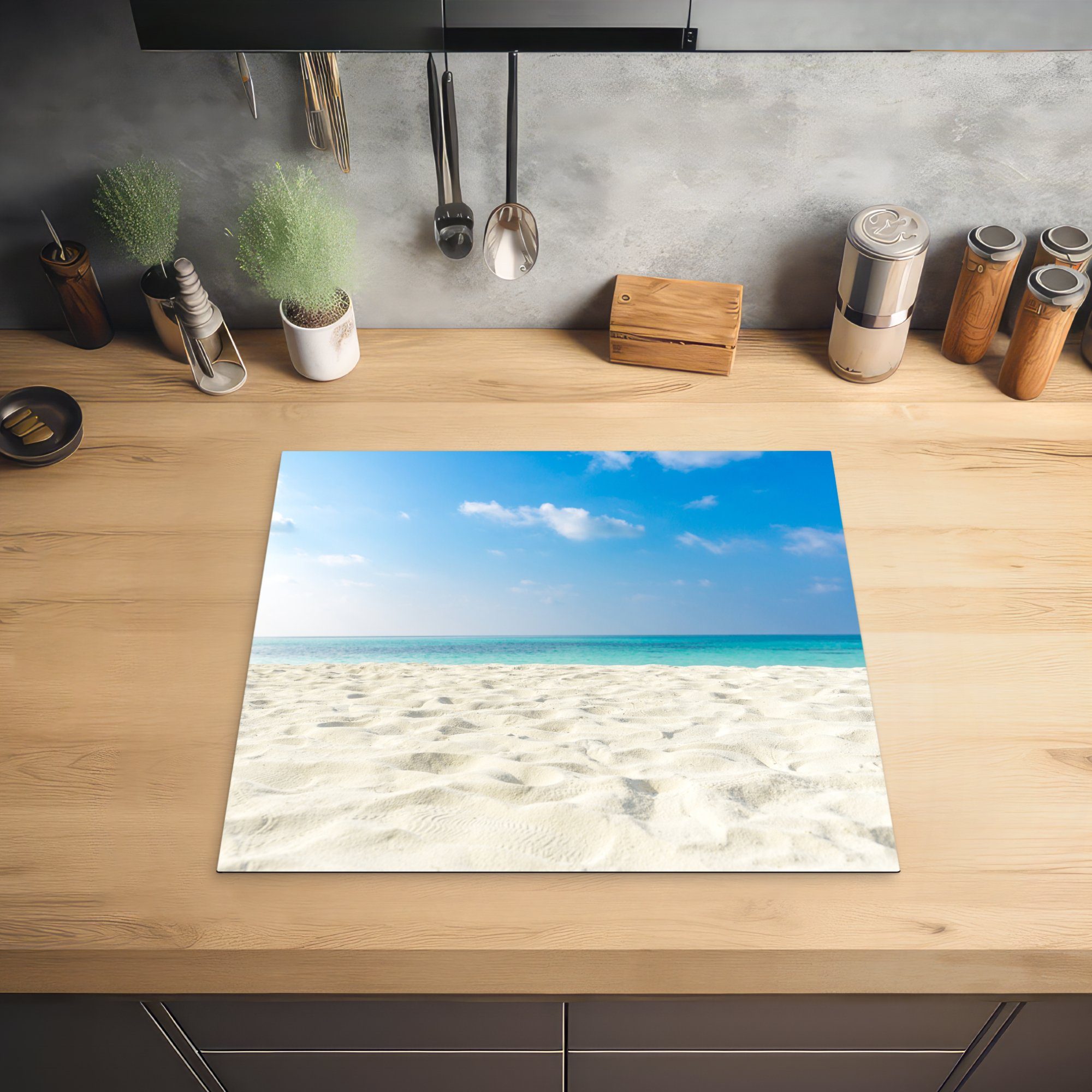 (1 tlg), Licht Ceranfeldabdeckung Induktionsmatte Sonne, MuchoWow für küche, Herdblende-/Abdeckplatte Strand Vinyl, die 59x52 - cm, -