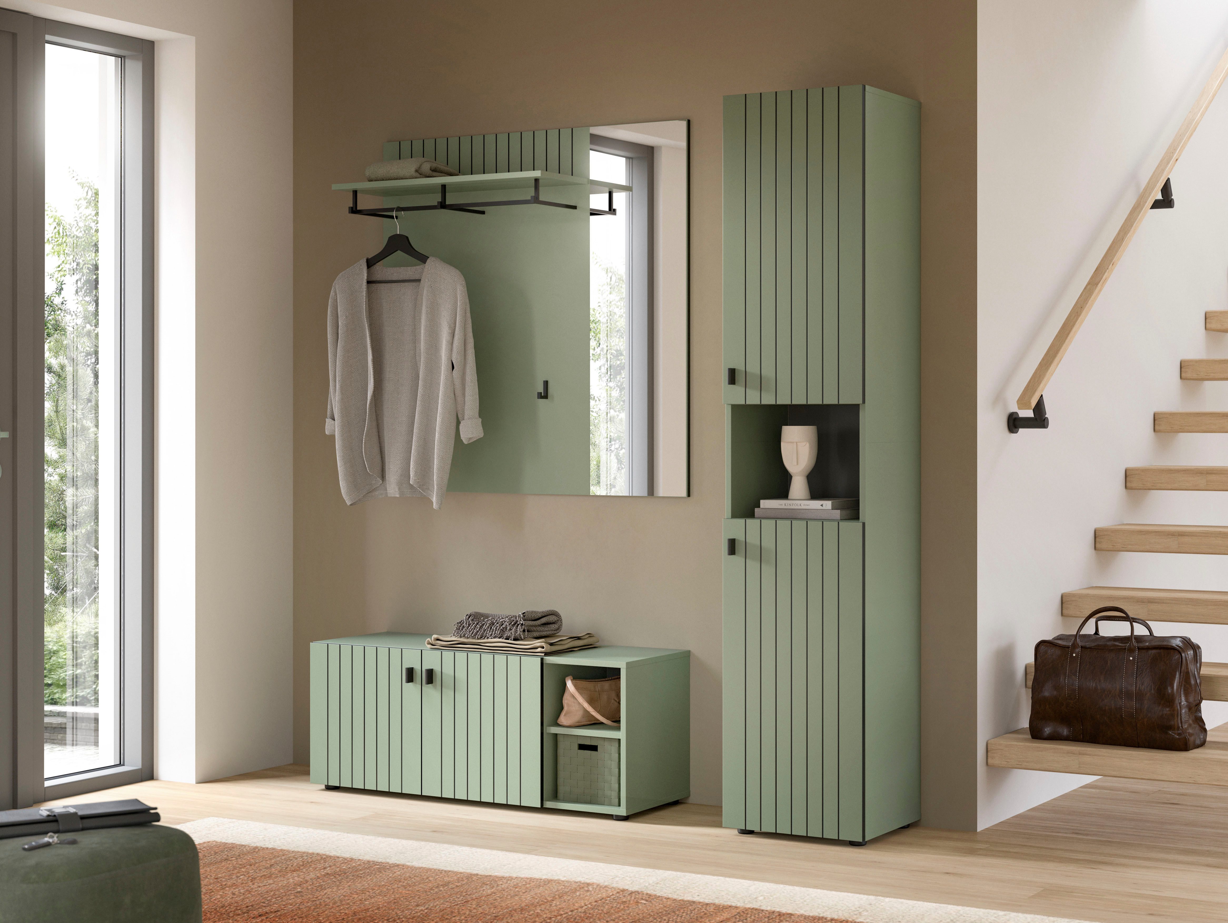 Home affaire Garderoben-Set TATIO, 3-tlg. Garderobenkombination, Breite: 161 cm, Rillenfräsung, (Set, 3-St., Set, best. aus: 1 Garderobenschrank, 1 Sitzbank, 1 Spiegel), Garderobenkombination, Kombi, Flur-Möbel, Spiegel, Sitzbank