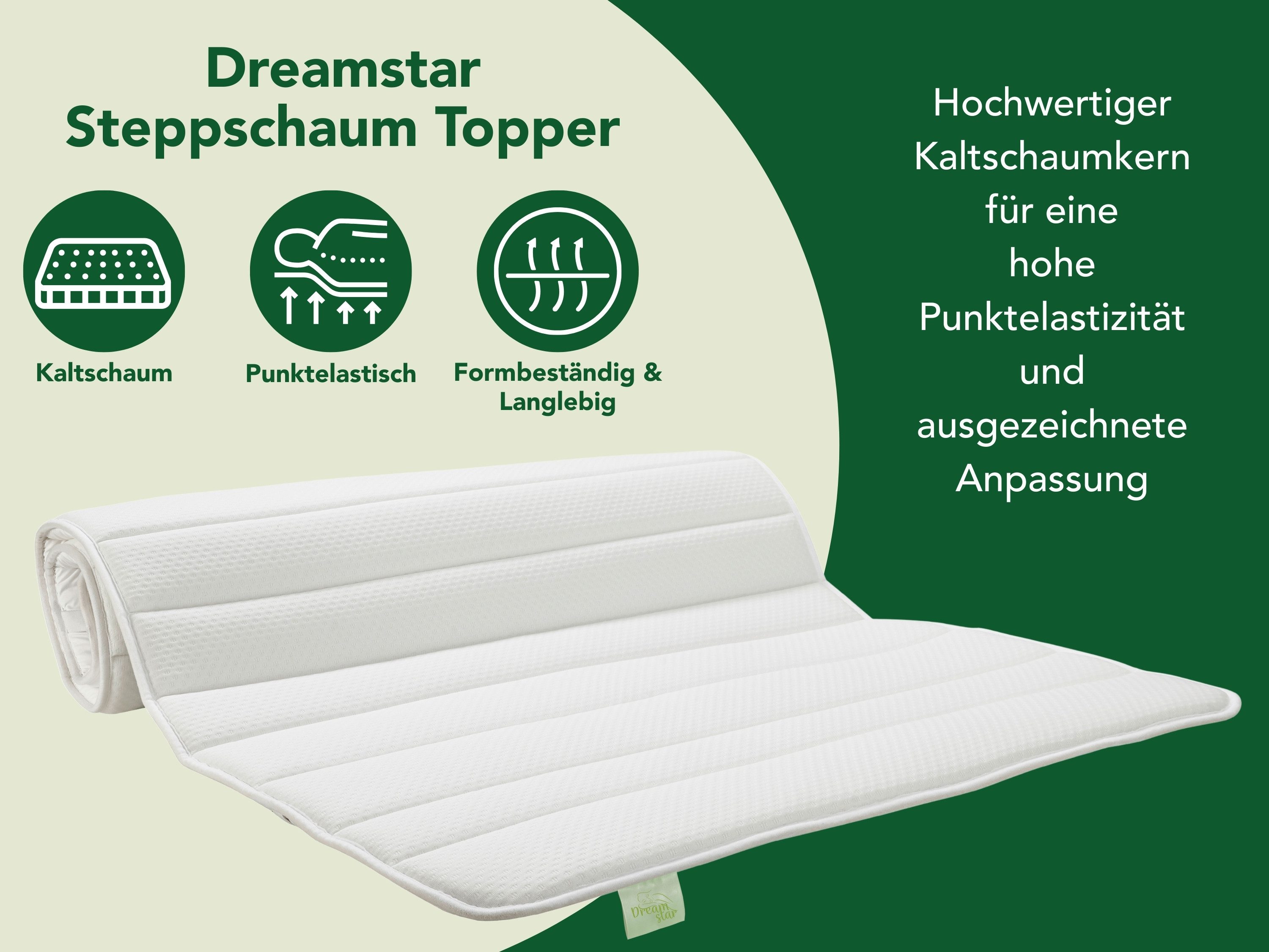 Dreamstar, Topper dünne Matratzenauflage zur Verbesserung des Schlafkomforts, 2 cm hoch, Polyester, rutschfest, waschbar - für Matratzen und Boxspringbetten