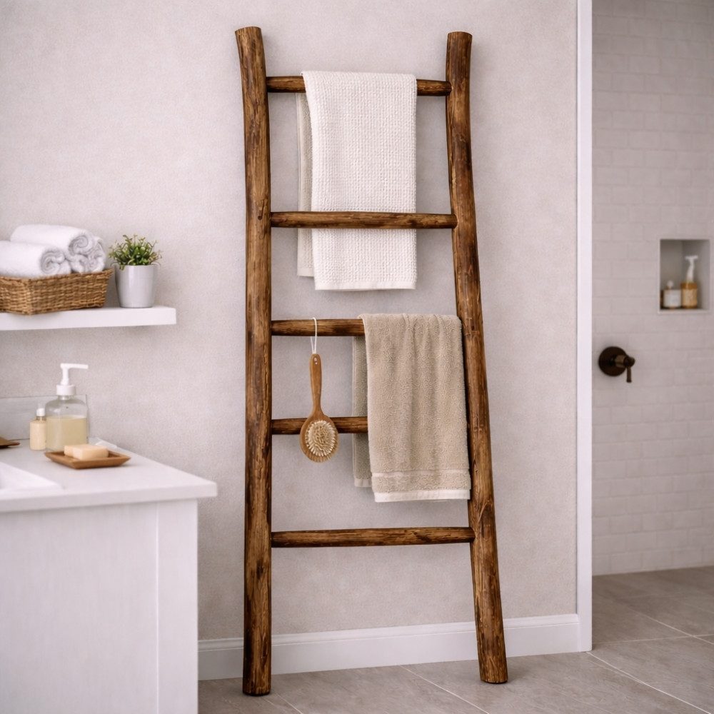 LebensWohnArt Dekoleiter Teak Deko-Leiter geflammt KEPALA ca. H150cm Handtuchhalter