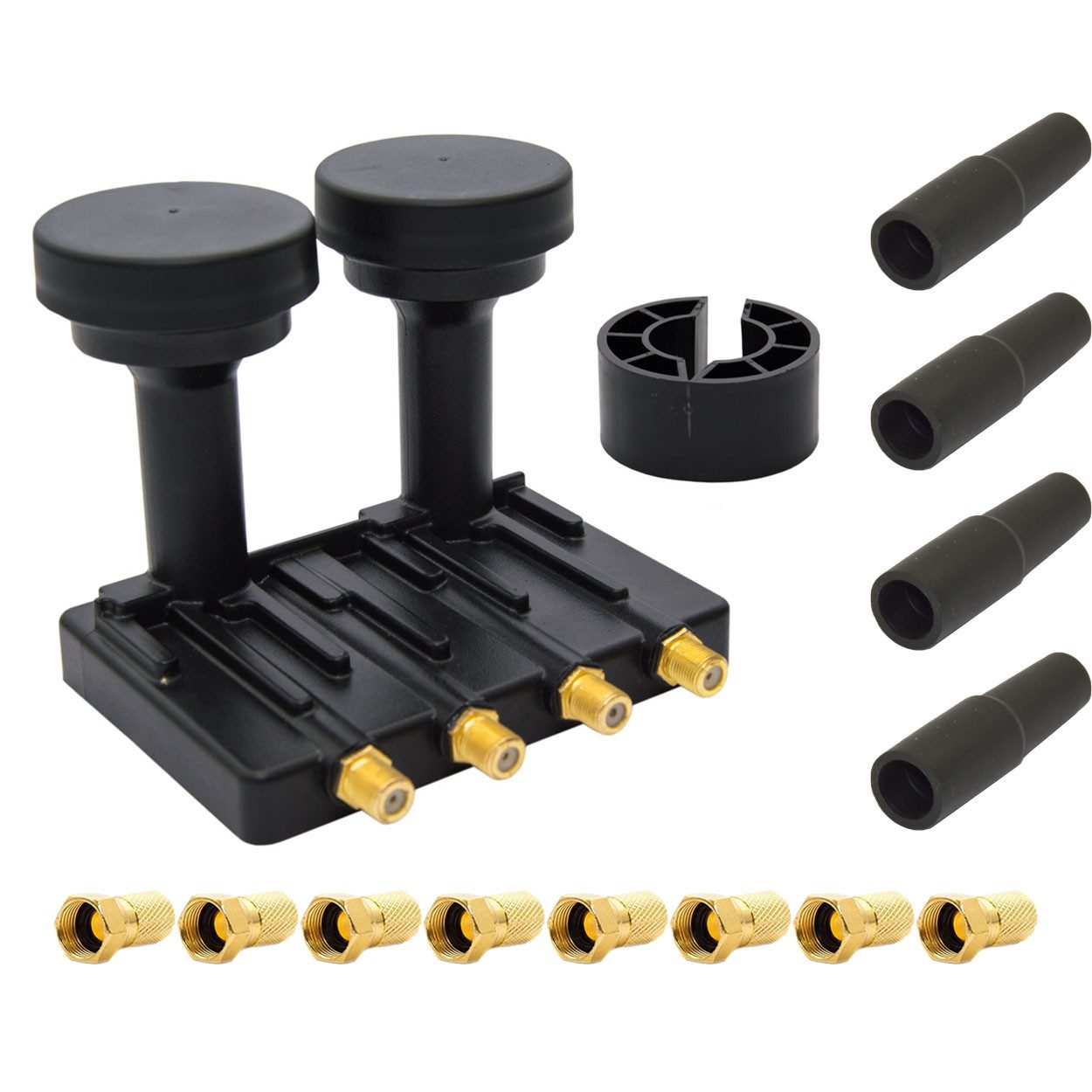 PremiumX Monoblock Quad LNB 0,1dB 4 Teilnehmer 4x Gummitülle 8x F-Stecker Monoblock-LNB