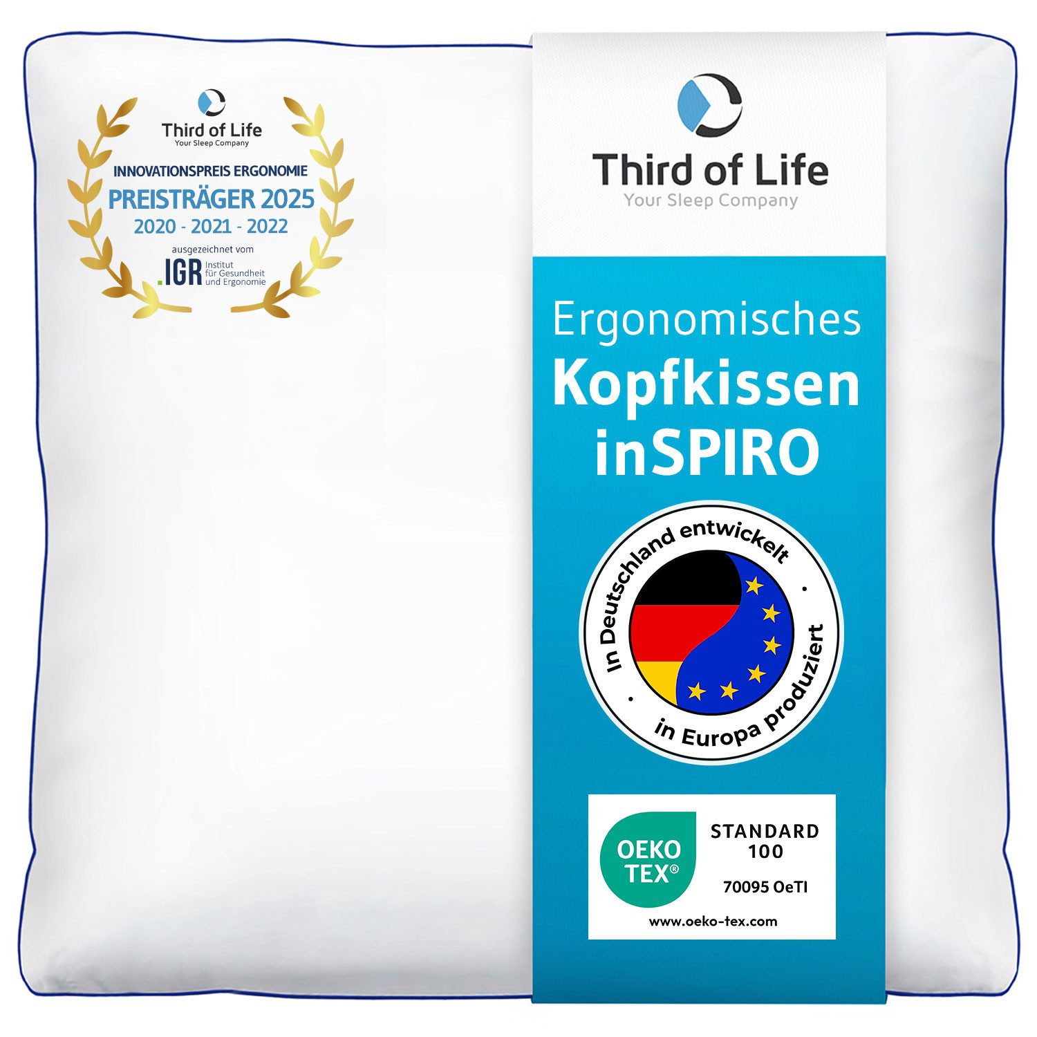 Third of Life Baumwollkissen inSPIRO Ergonomisches Kopfkissen, Nackenstütz-Kissen für Allergiker in allen Größen, bis 95°C Waschbar