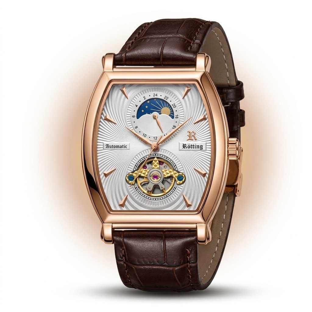 Rötting Design Automatikuhr Herren - offene Unruhe & Glasboden - Herrenuhr Automatik - Armbanduhr, Goldrosefarbenes Gehäuse - Lederarmband, mechanisch 24h Anzeige
