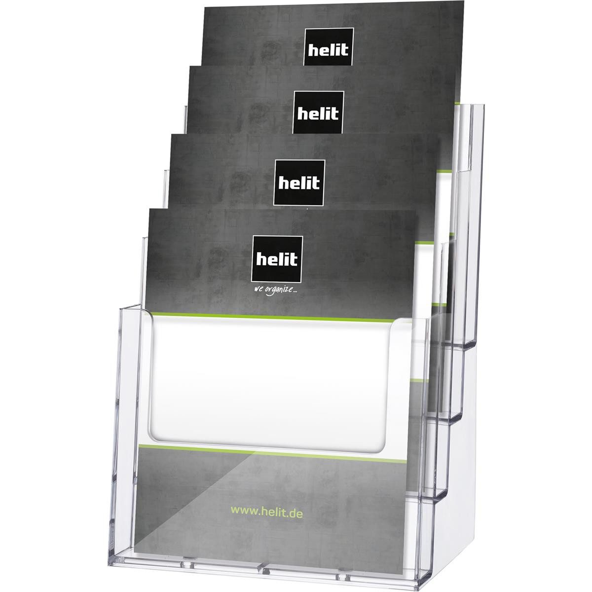 HELIT Zeitungsständer helit H2352402 Tisch-Prospekthalter, DIN A4 hoch, 4 Fächer, glasklar