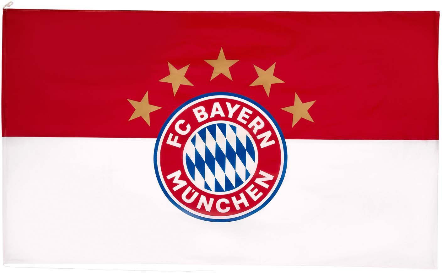 FC Bayern Fahne FC Bayern München Hissfahne 5 Sterne Logo, 250x150 cm, Aus  recyceltem Polyester, Mit Kunststoff-Karabinerhaken zur Befestigung am  Fahnenmast