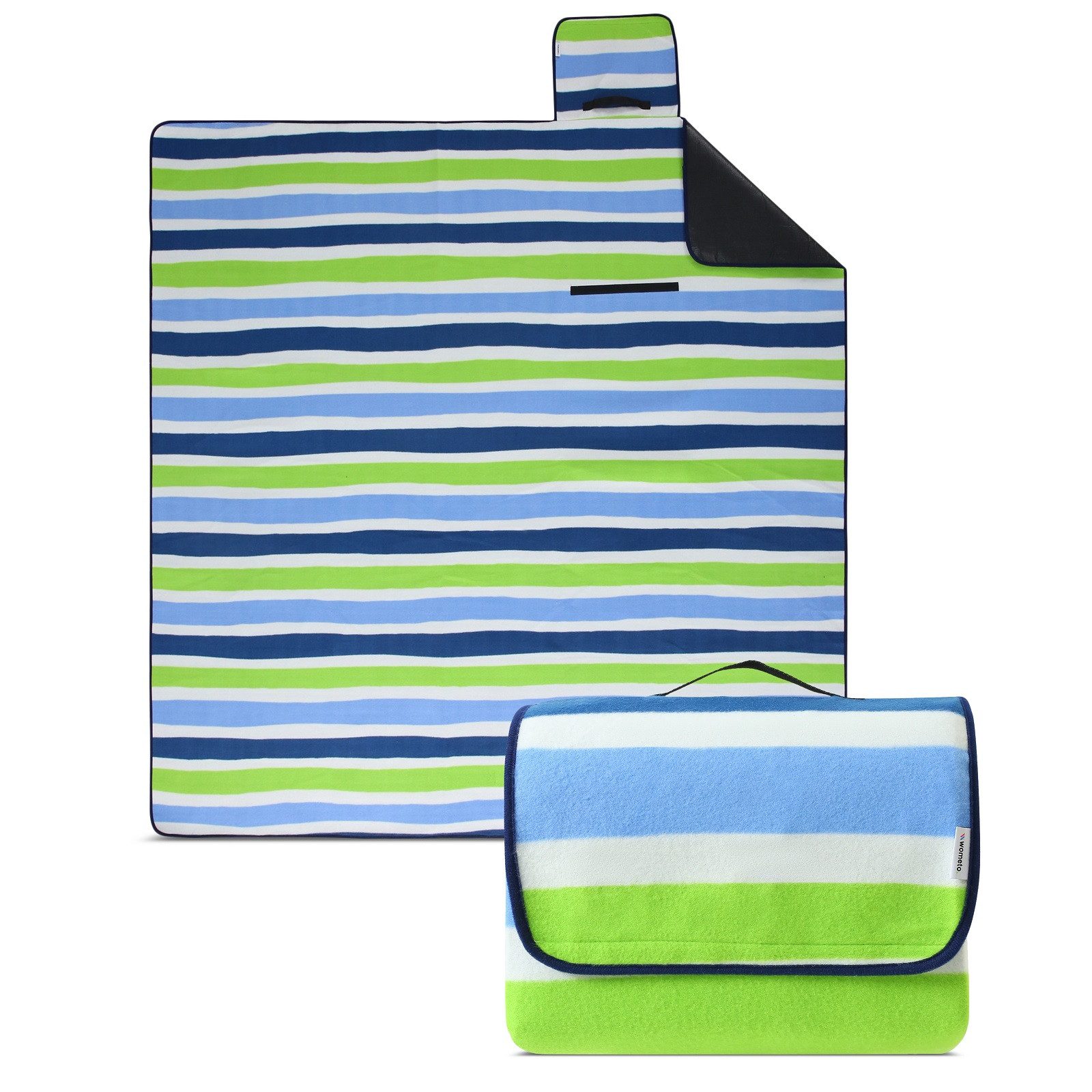 Picknickdecke Picknickdecke XXL 200x200 Streifen blau grün, wometo, Oberseite 100% recyceltes Fleece, wasserdicht