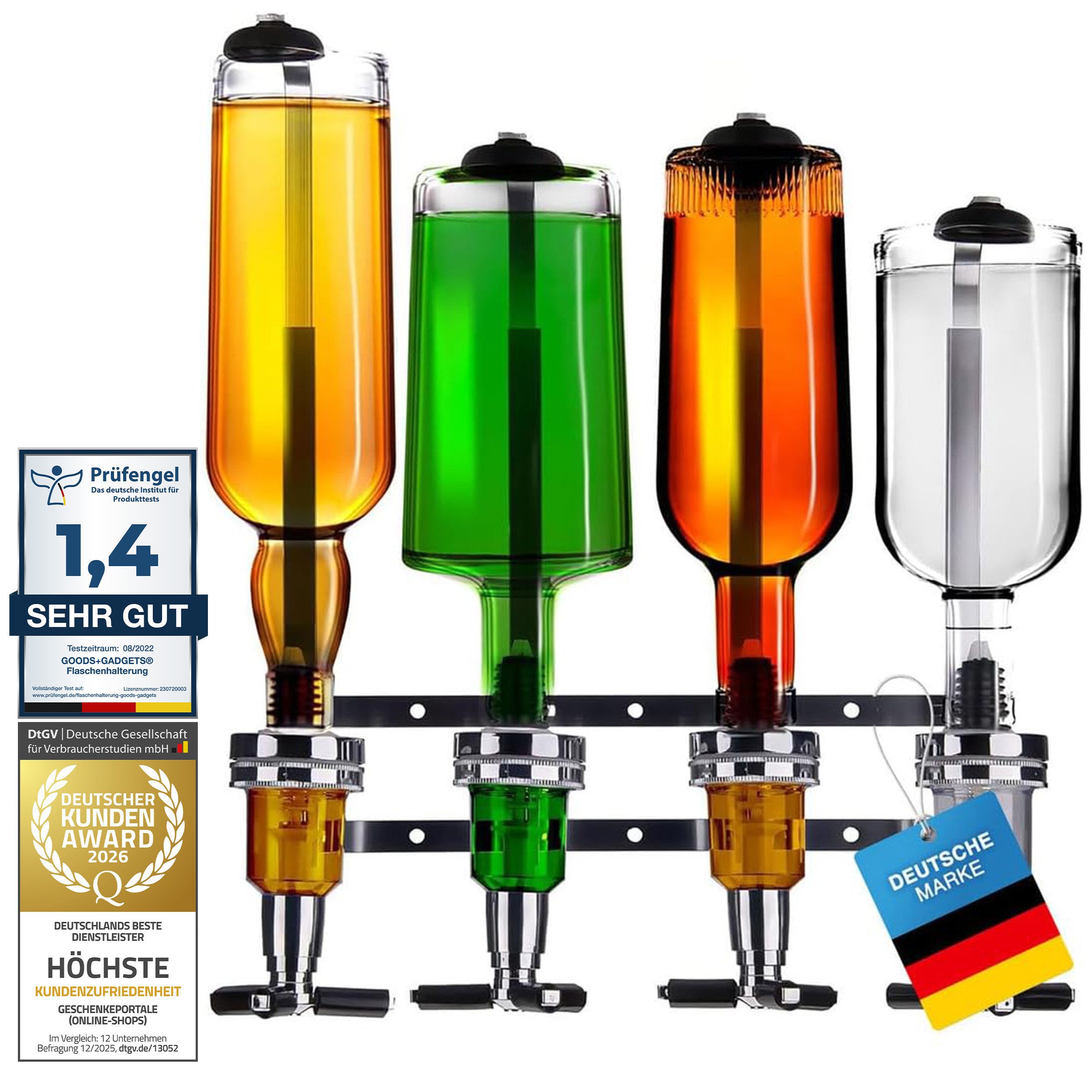 Goods+Gadgets Flaschenhalter Barbutler Flaschenhalter mit 2cl Dosierer–Edles Spirituosen-Accessoire, Flaschenhalterung für Getränke