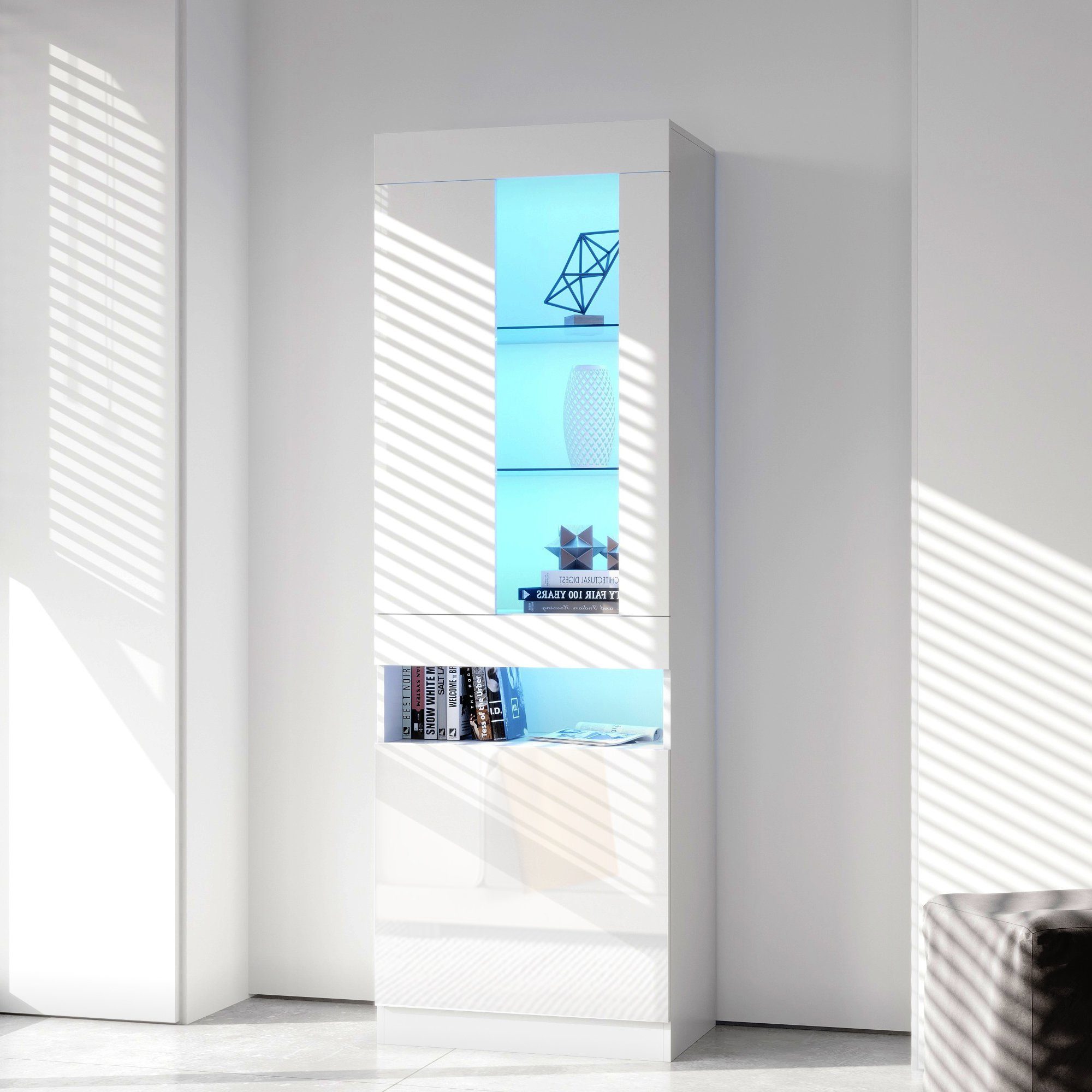 Merax Vitrine mit Glaseinlegeböden und LED-Beleuchtung Standvitrine mit großen Stauraum, Vitrinenschrank, Highboard, H:180cm