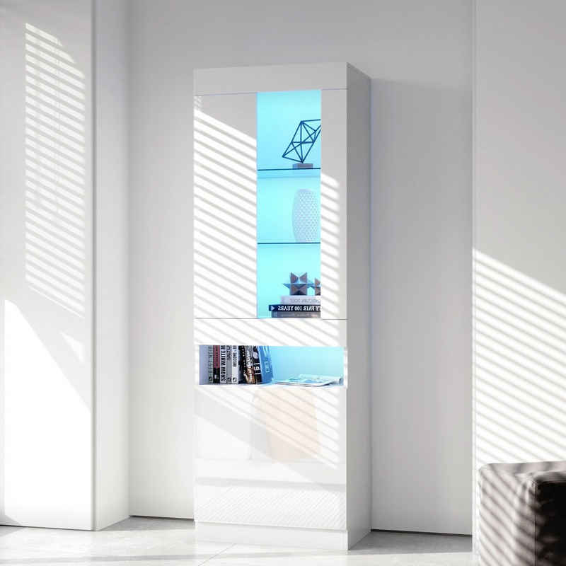 Merax Vitrine mit Glaseinlegeböden und LED-Beleuchtung Standvitrine mit großen Stauraum, Vitrinenschrank, Highboard, H:180cm