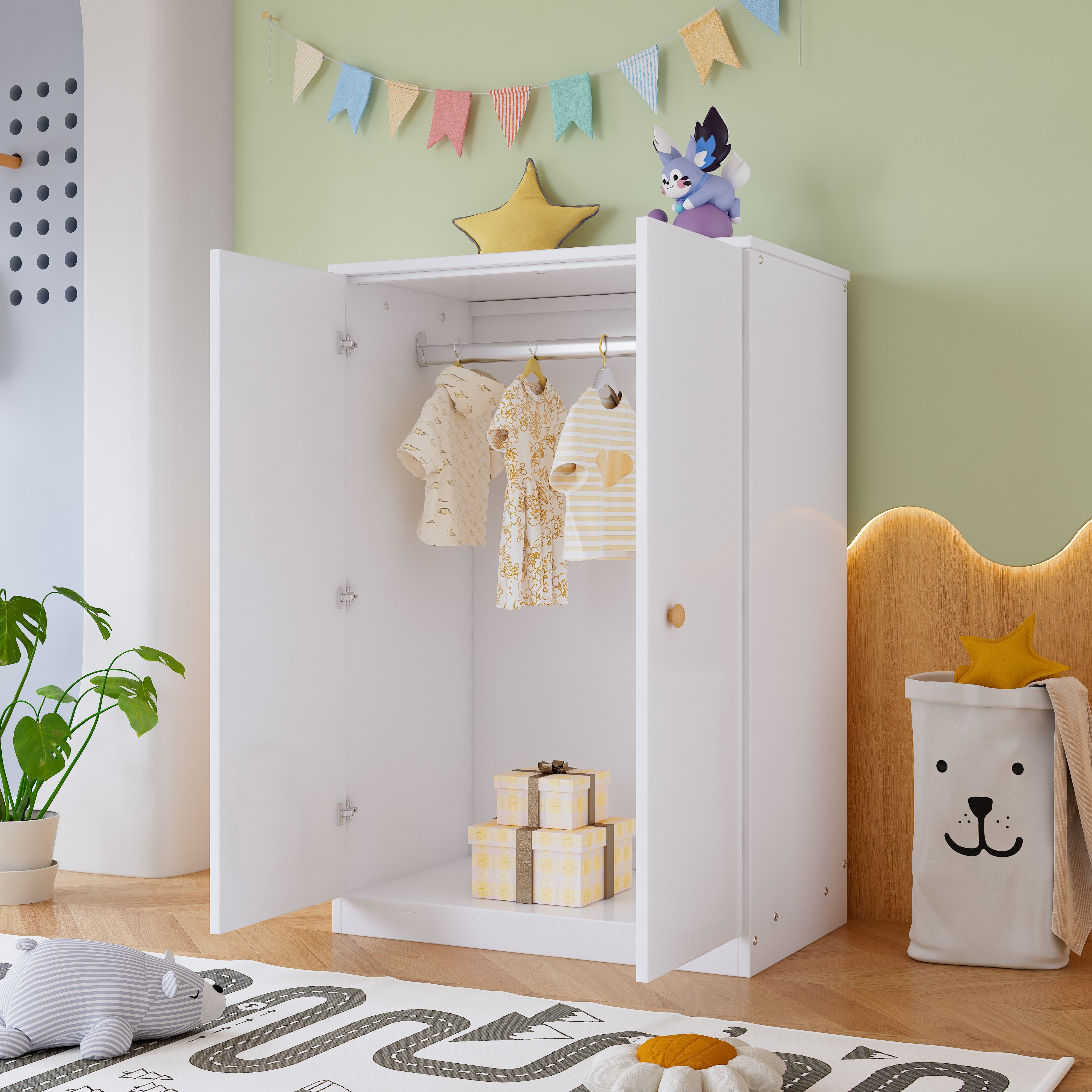 IDEASY Kleiderschrank Kleiner Kleiderschrank mit Stange, 2-türiger Kleiderschrank (80x50x120cm Kinderkleiderschrank für Schlafzimmer/Wohnzimmer) Geeignet für kleine Räume, Schränke, Weiß