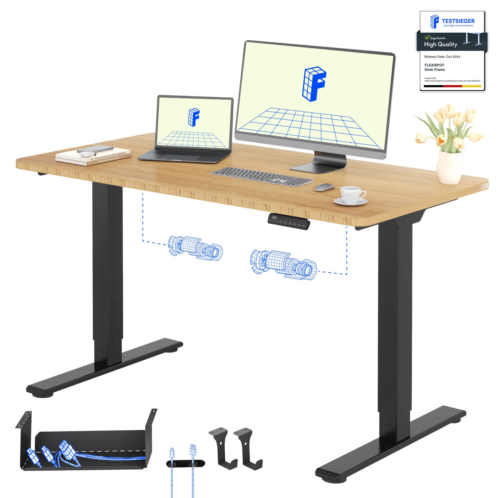 FLEXISPOT Schreibtisch Basic Plus höhenverstellbarer Schreibtisch mit Premium-Zubehör-Set (2 Motore & 2-Fach-Teleskop & 4 Höhenspeichertasten), MIT 19MM Bambus Tischplatte, 140/160/180
