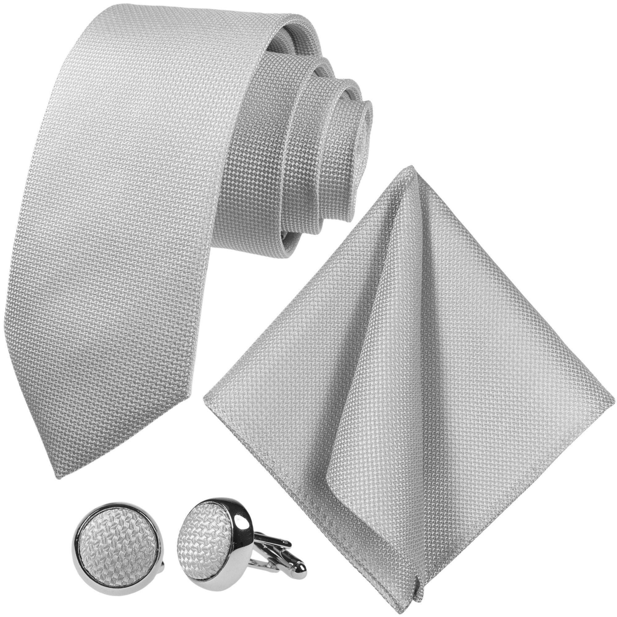 GASSANI Krawatte Hochzeitskrawatte Festlich, Herren-Krawatte Hochzeit Schlips zum Sakko (Set, 3-St., Krawattenset, mit Einstecktuch, Manschettenknöpfe) Breit (8cm), Grid, Klein-Kariert, Pique, Fein Karo, Matt, Seide-Touch Lichtgrau Helles Grau Silber-Grau Hellgrau Perlgrau