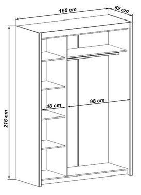 Feldmann-Wohnen Schwebetürenschrank Ivona (1-St) 150x62x216cm, 2-türig mit Spiegel, Absetzungen schwarz