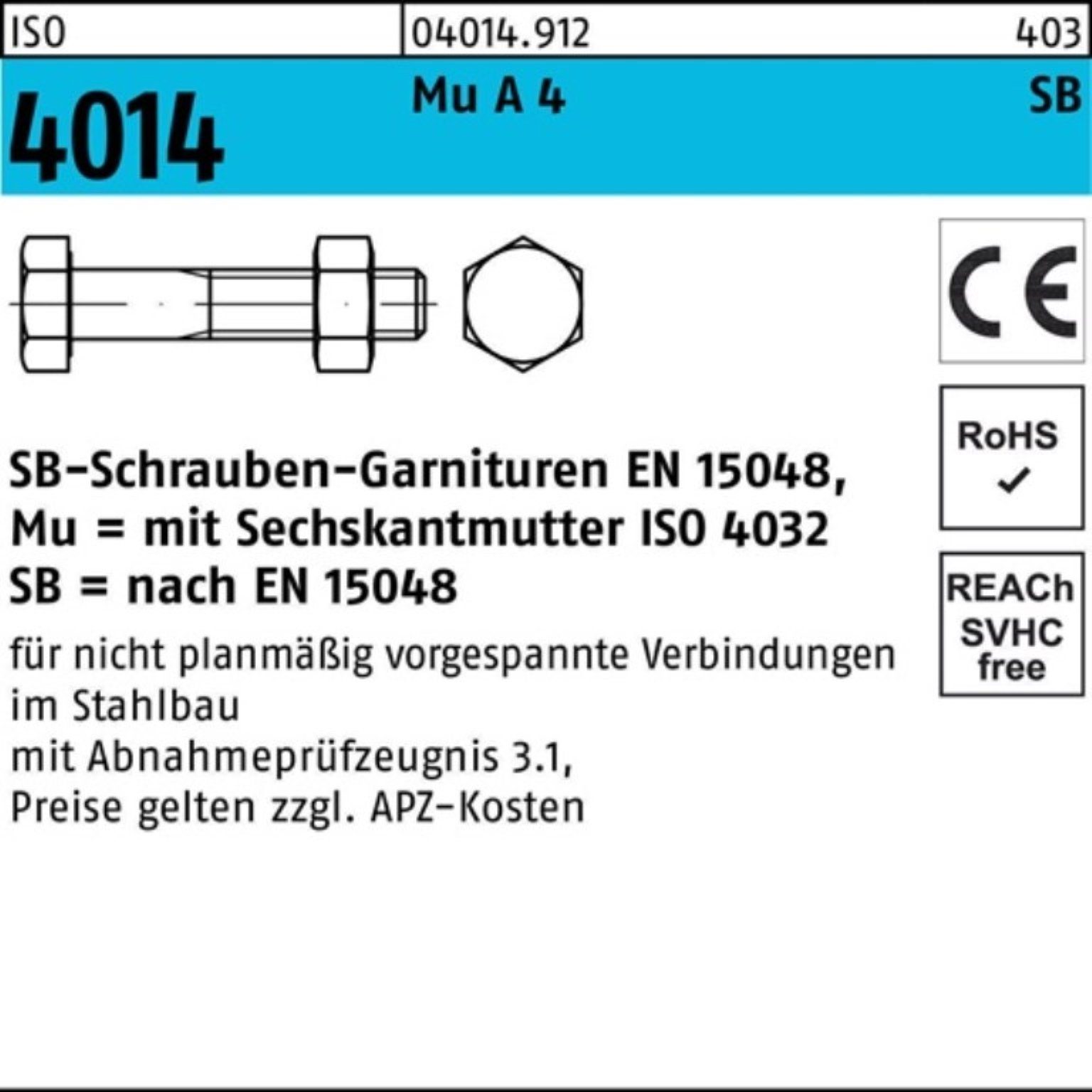 Bufab Sechskantschraube 100er Pack Sechskantschraube SB 10 4014 ISO Schaft/Mutter 4 A 100 M20x