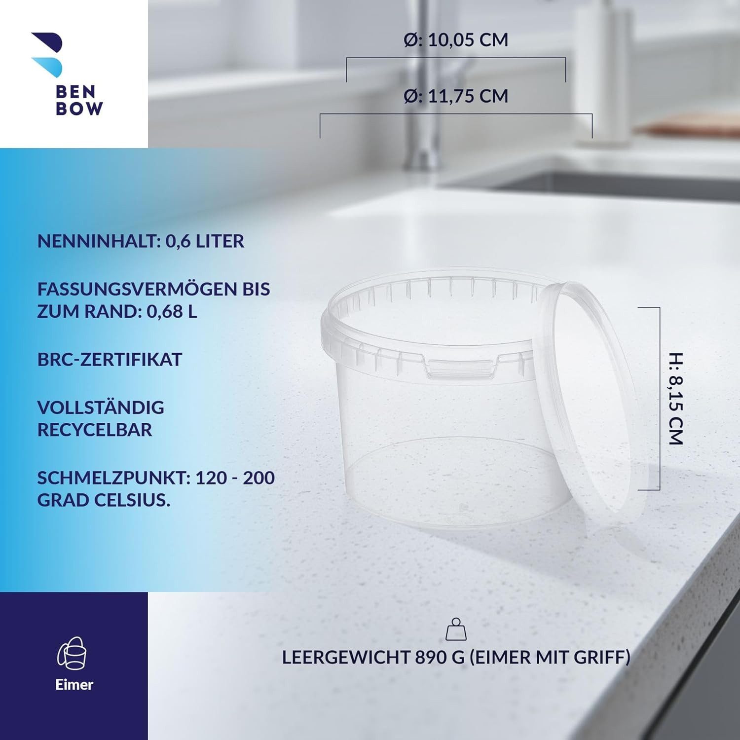 BENBOW Putzeimer Eimer mit Deckel 30 20 10 5 3 1 0,5 L Viele Farben Lebensmittelecht, (1-tlg., PZH-, BRC- und DIN-ISO-zertifiziert), für Lebensmittel, Farben, Chemikalien