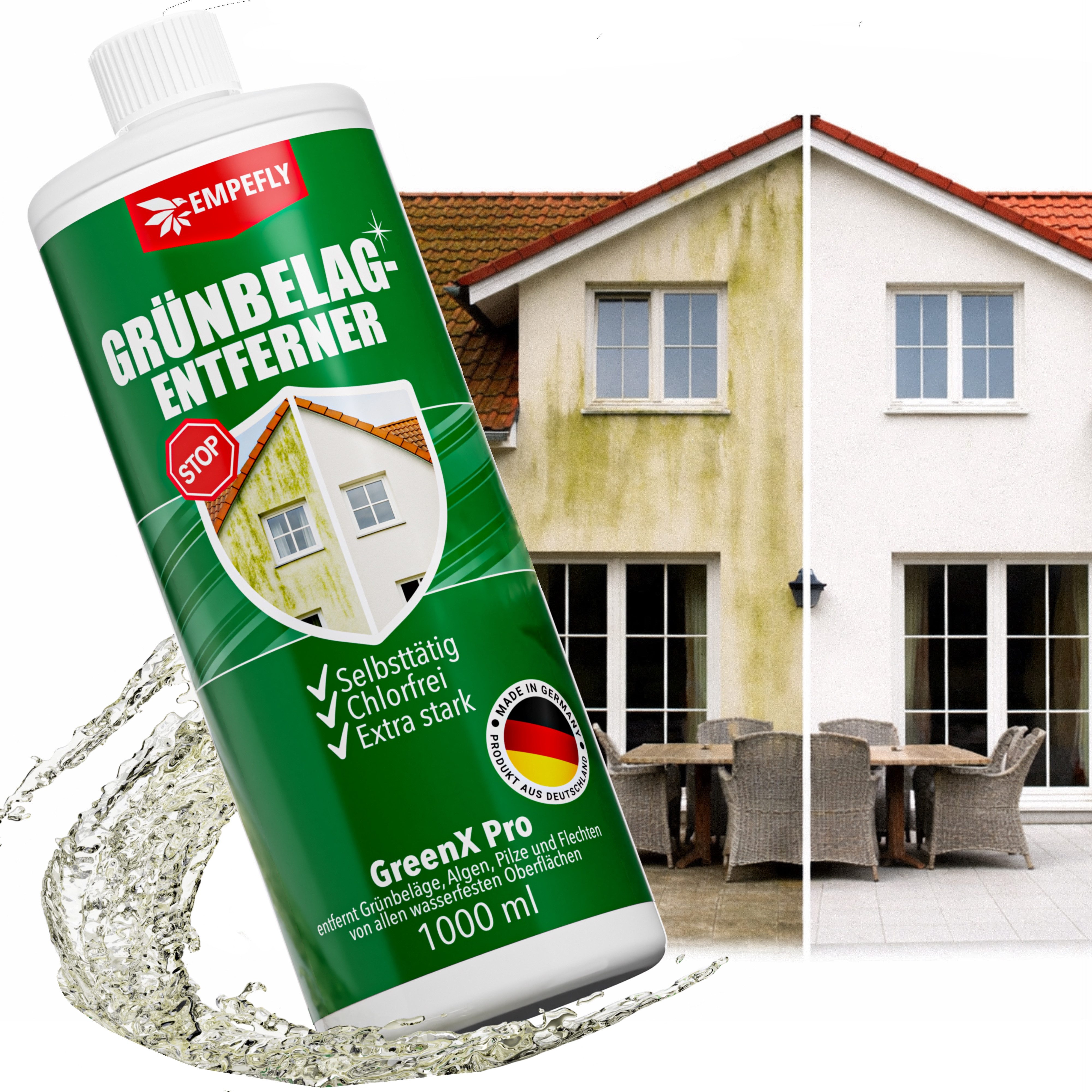 Empefly GreenX Pro Grünbelagentferner, Algenentferner, Flechtenentferner Grünbelagentferner (Einzelartikel, [- 1× 1-Liter-Flasche Konzentrat, reicht für ca. 50–100 m² Konzentrierter Grünbelagentferner, selbsttätig, chlorfrei)