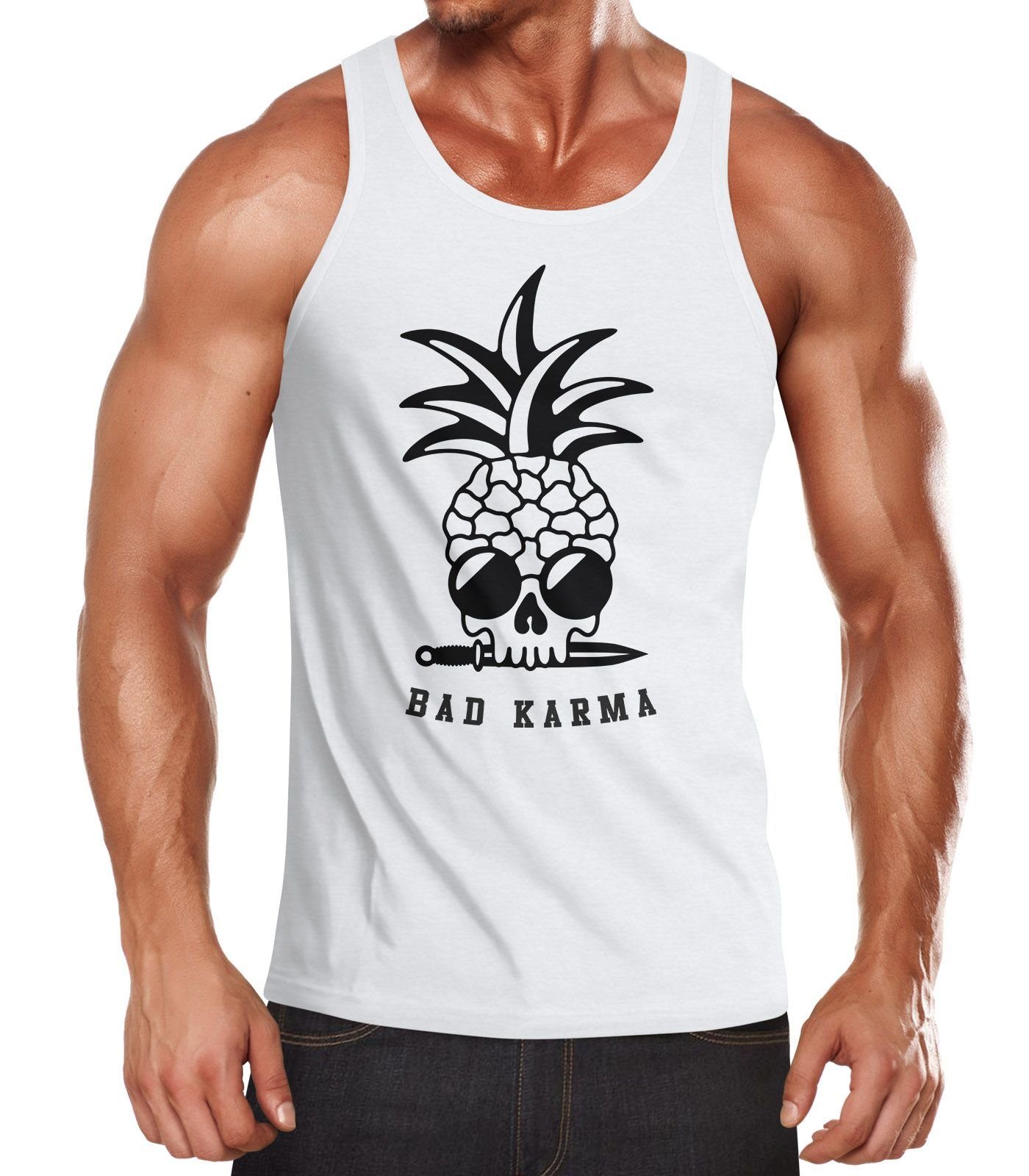 Neverless Tanktop Herren Tank-Top Totenkopf Ananas-Trend Bad Karma Skull Sonnenbrille Muskelshirt Muscle Shirt Neverless® mit Print weiß
