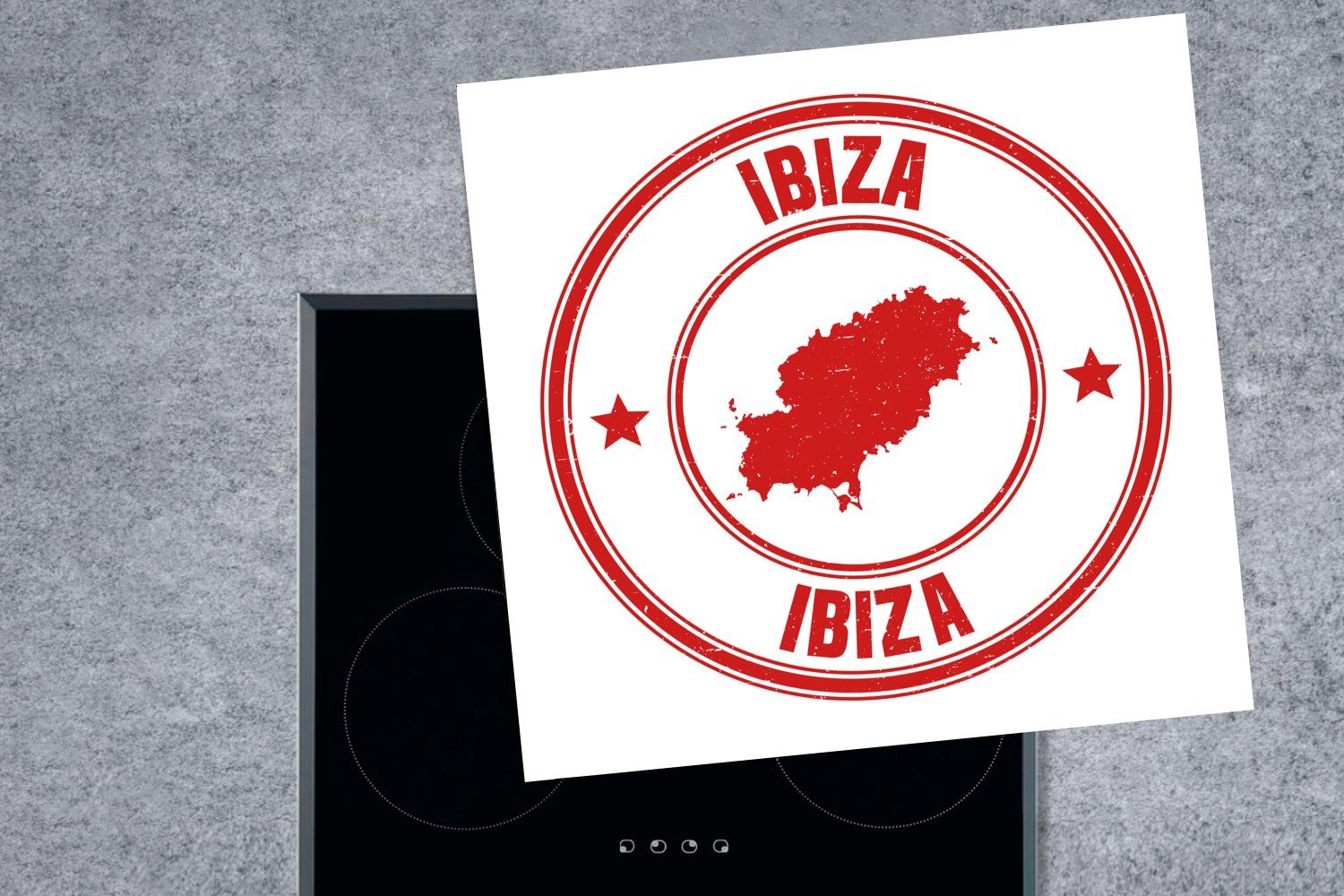 78x78 tlg), Vinyl, (1 Briefmarke Eine Illustration für Ibiza, küche einer cm, aus Herdblende-/Abdeckplatte Arbeitsplatte Ceranfeldabdeckung, MuchoWow
