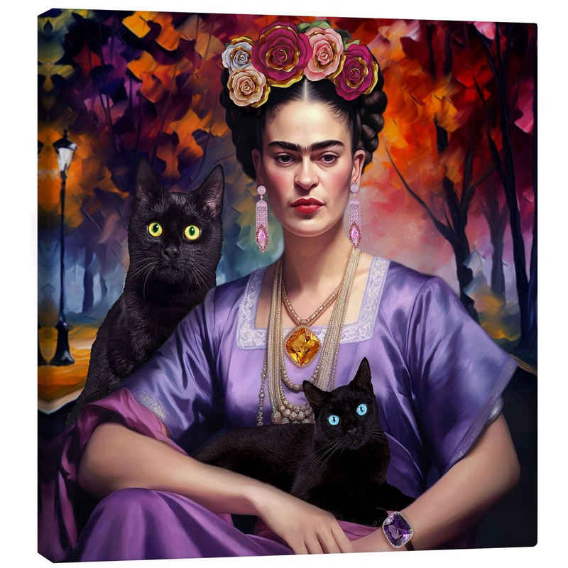 Posterlounge Leinwandbild Mark Ashkenazi, Frida Kahlo mit den Katzen, Modern Illustration