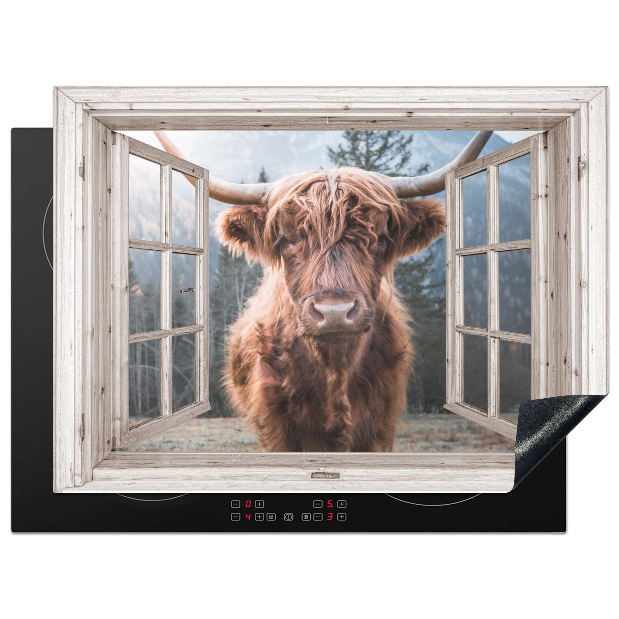 MuchoWow Herdblende-/Abdeckplatte Schottischer Highlander - Ansicht - Vista, Vinyl, (1 tlg), 71x52 cm, Induktionskochfeld Schutz für die küche, Ceranfeldabdeckung