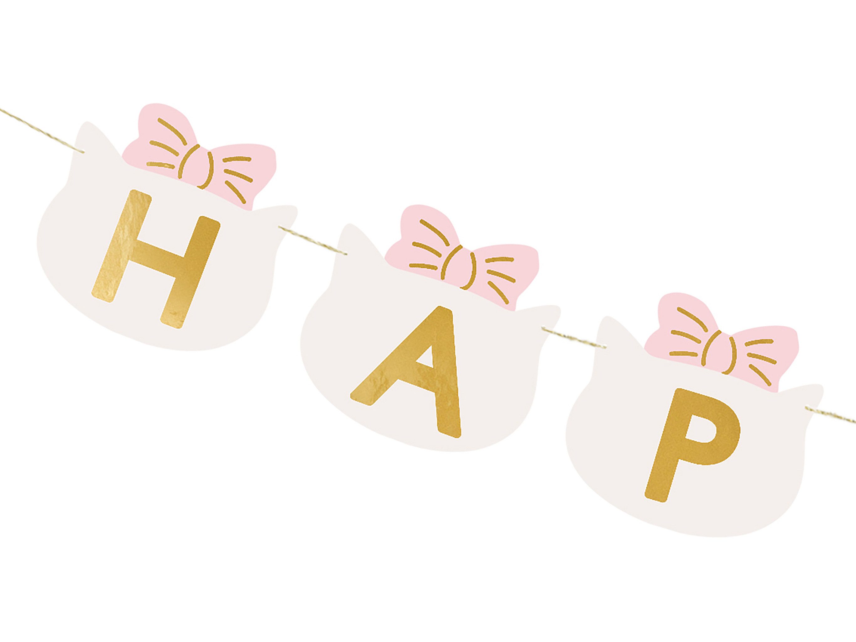 partydeco Girlande, Happy Birthday Girlande 12x280cm Banner mit Katzen Motiv Rosa / Gold