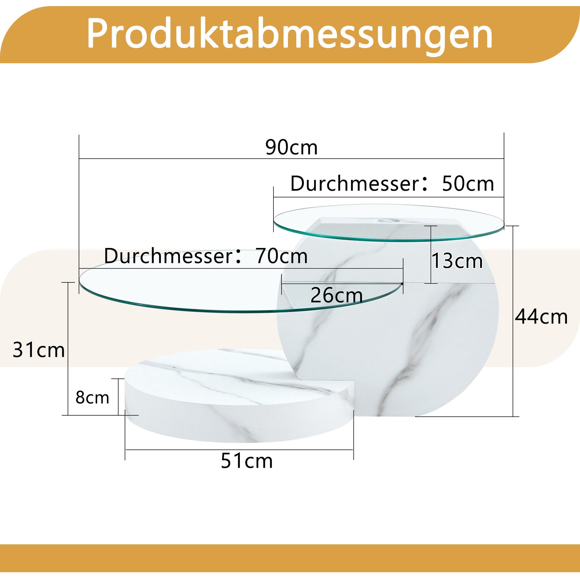 gopop Couchtisch 2er Set, Rundes Glas-Beistelltisch Wohnzimmertisch mit Stauraum, 6 mm Hartglasplatten, MDF-Basis, 90x70 cm