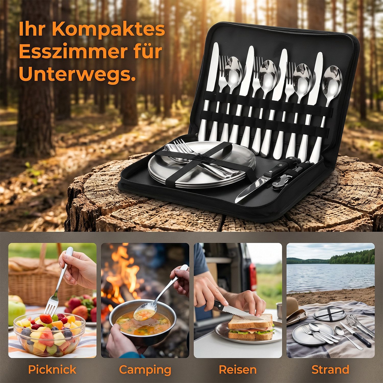 AKKEE Besteck-Set Camping Besteck Set Picknick-Set Outdoor Campinggeschirr Set, 4 Personen, Edelstahl