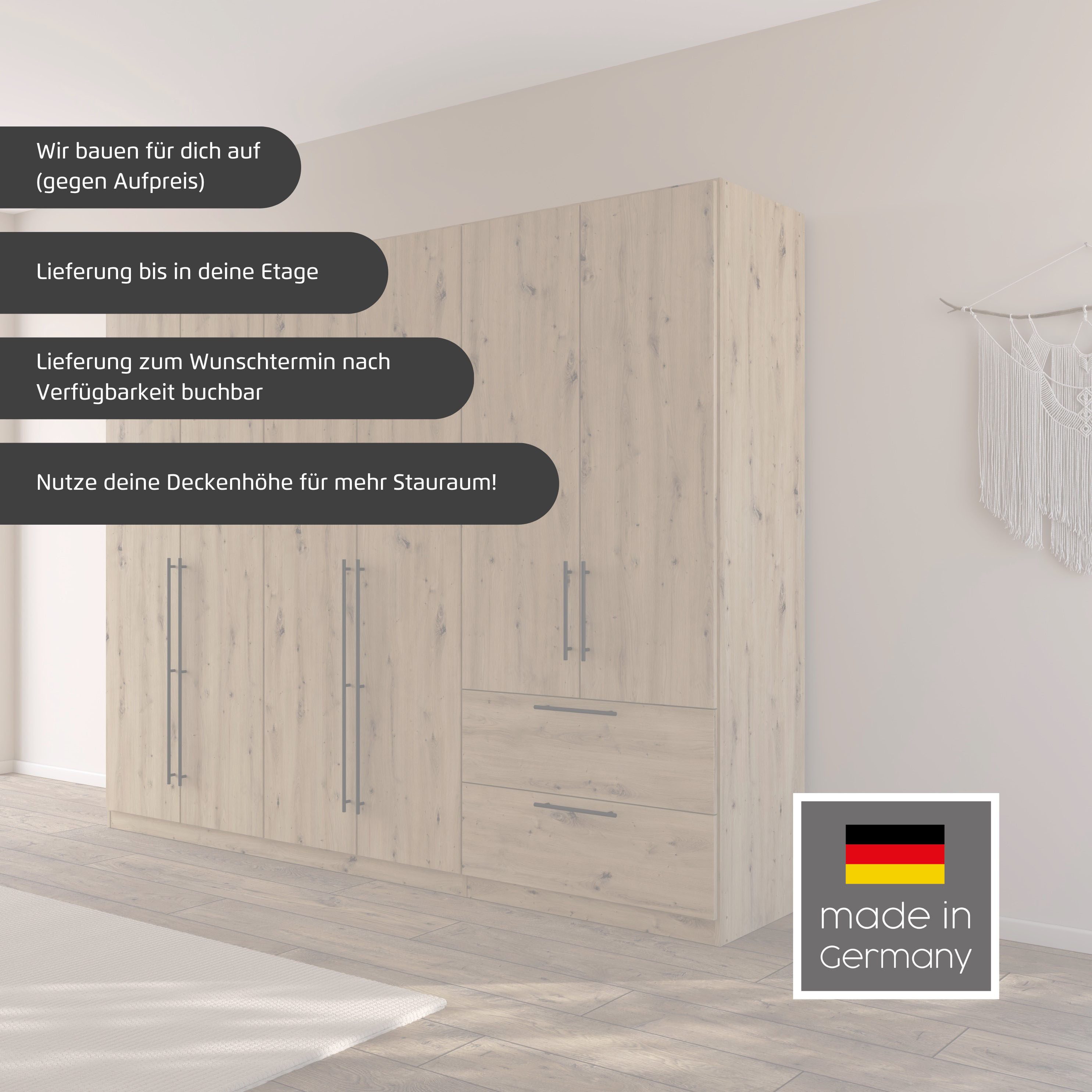 rauch Kleiderschrank Drehtürenschrank Schrank Garderobe Wäscheschrank Schlafzimmer AVOLA (3 verschiedene Ausstattungen BASIC/CLASSIC/PREMIUM (inkl. SOFT-CLOSE) mit hochwertigen Stangengriffen in Schwarz aus Metall MADE IN GERMANY