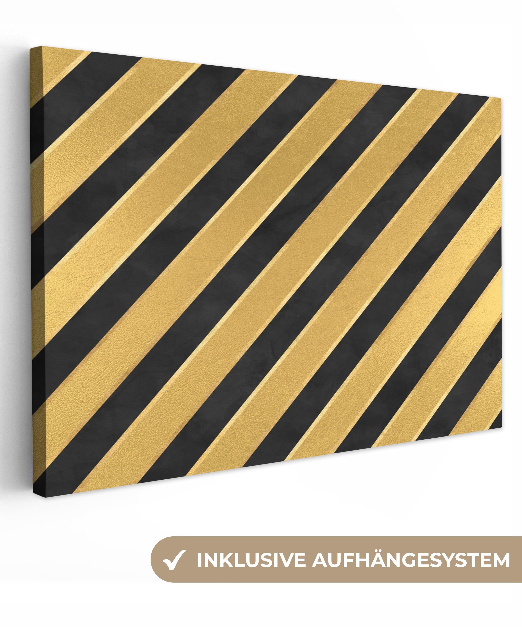 OneMillionCanvasses® Leinwandbild Muster Wandbild 30x20 St), Streifen (1 cm - Schwarz, Aufhängefertig, - Gold Leinwandbilder, Wanddeko, 