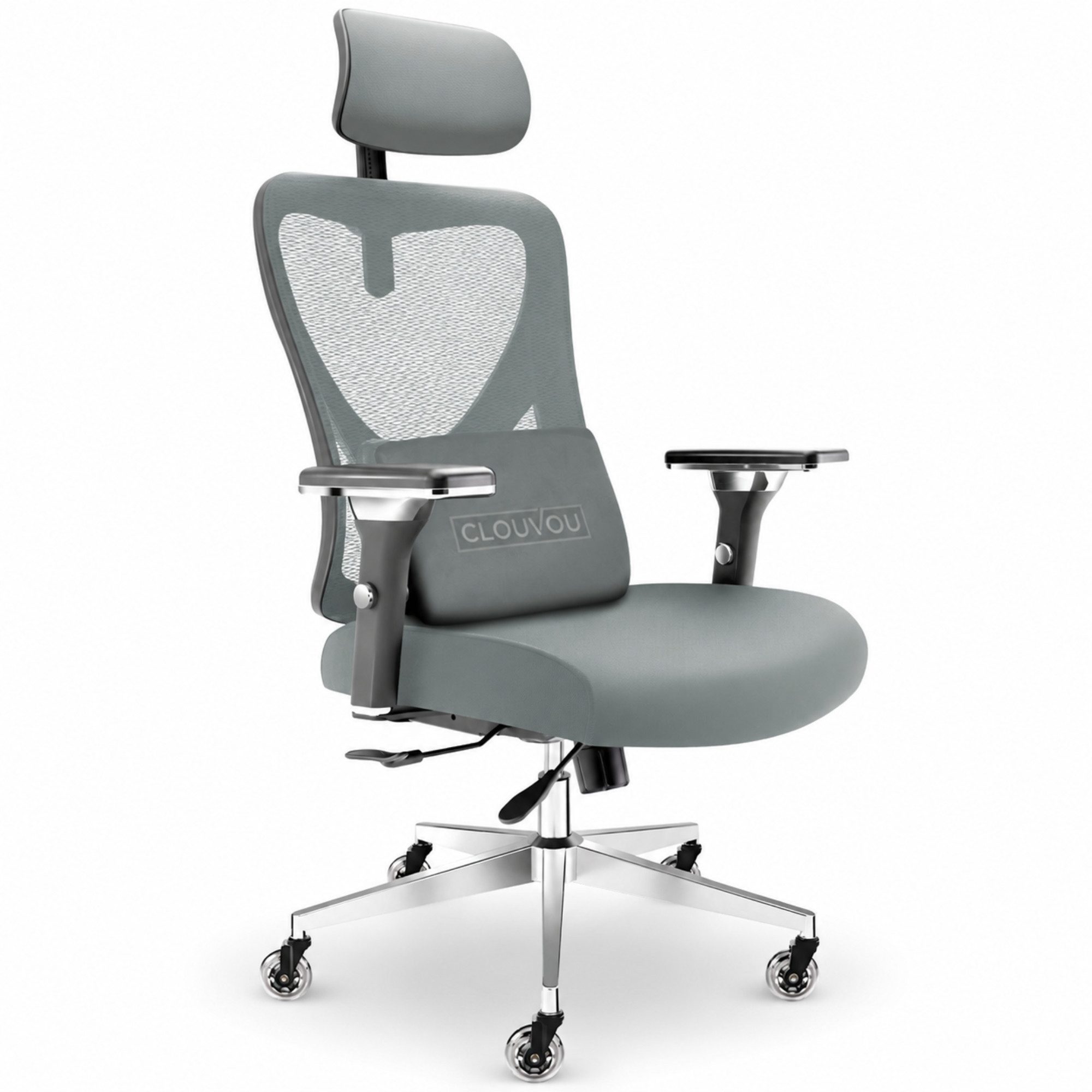 CLOUVOU Bürostuhl Ergonomisch, Schreibtischstuhl bis 150 kg - Testsieger (CleverSeat - Chefsessel für Arbeitszimmer, 4D Chrom-Metallarmlehne), Blade Wheels, Homeoffice, Gaming Stuhl, Drehstuhl