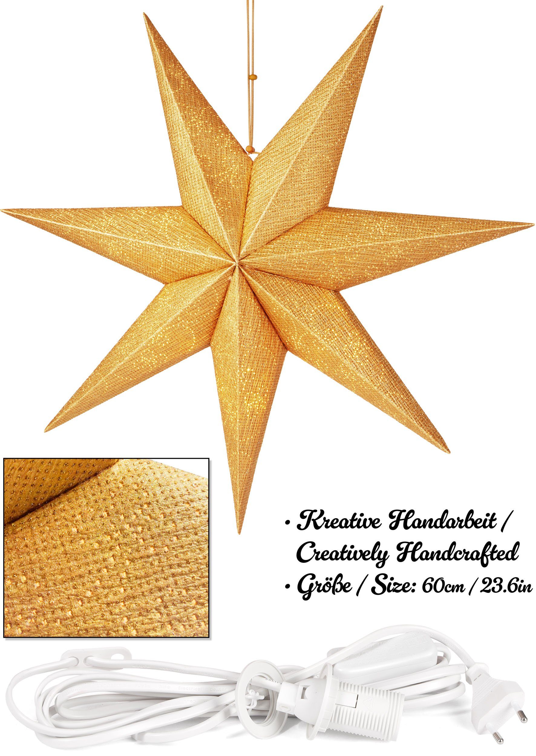 BRUBAKER Dekostern 60 cm Weihnachtsstern für Innen - Adventsstern mit E14 Fassung Hängend, 1 St., 3D Papierstern mit 3,5m Kabel - Fenster Stern Weihnachten Leuchtstern