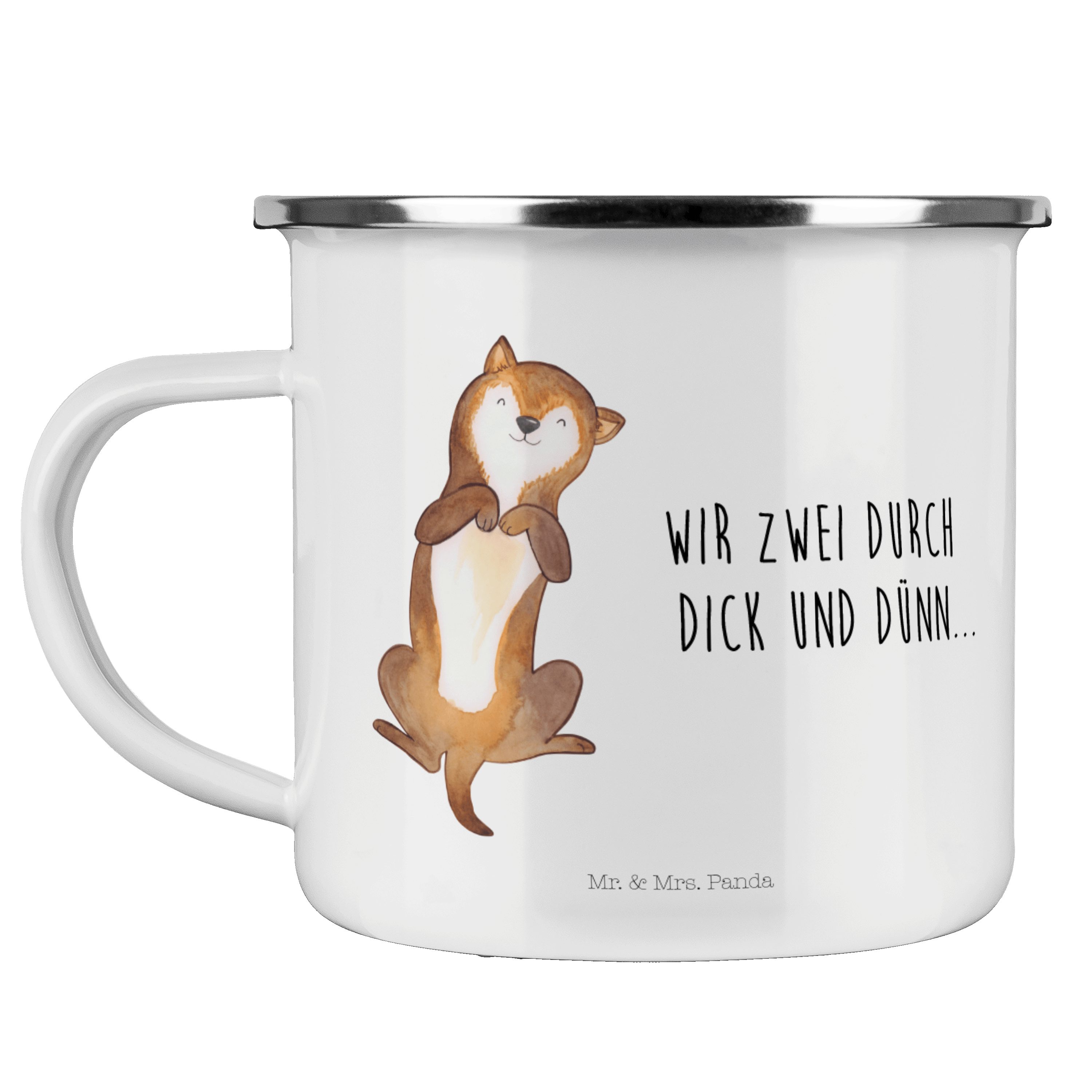 Mr. & Mrs. Panda Becher Hund Bauchkraulen - Weiß - Geschenk, Hundemotiv, Metalltasse für Camp, Emaille