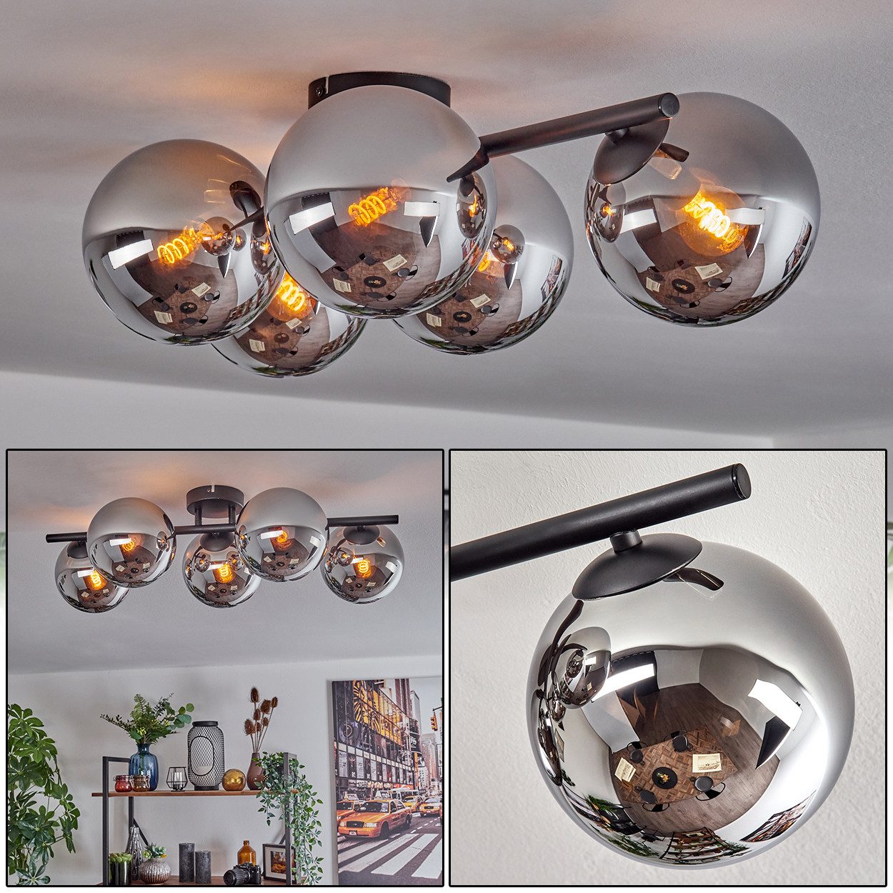 hofstein Deckenleuchte 5-flammige Deckenlampe aus Metall/Glas in Schwarz/Chrom-/Rauchfarben, ohne Leuchtmittel, moderne Leuchte im Retro/Vintage-Design (Schirme Ø 15 cm), E14
