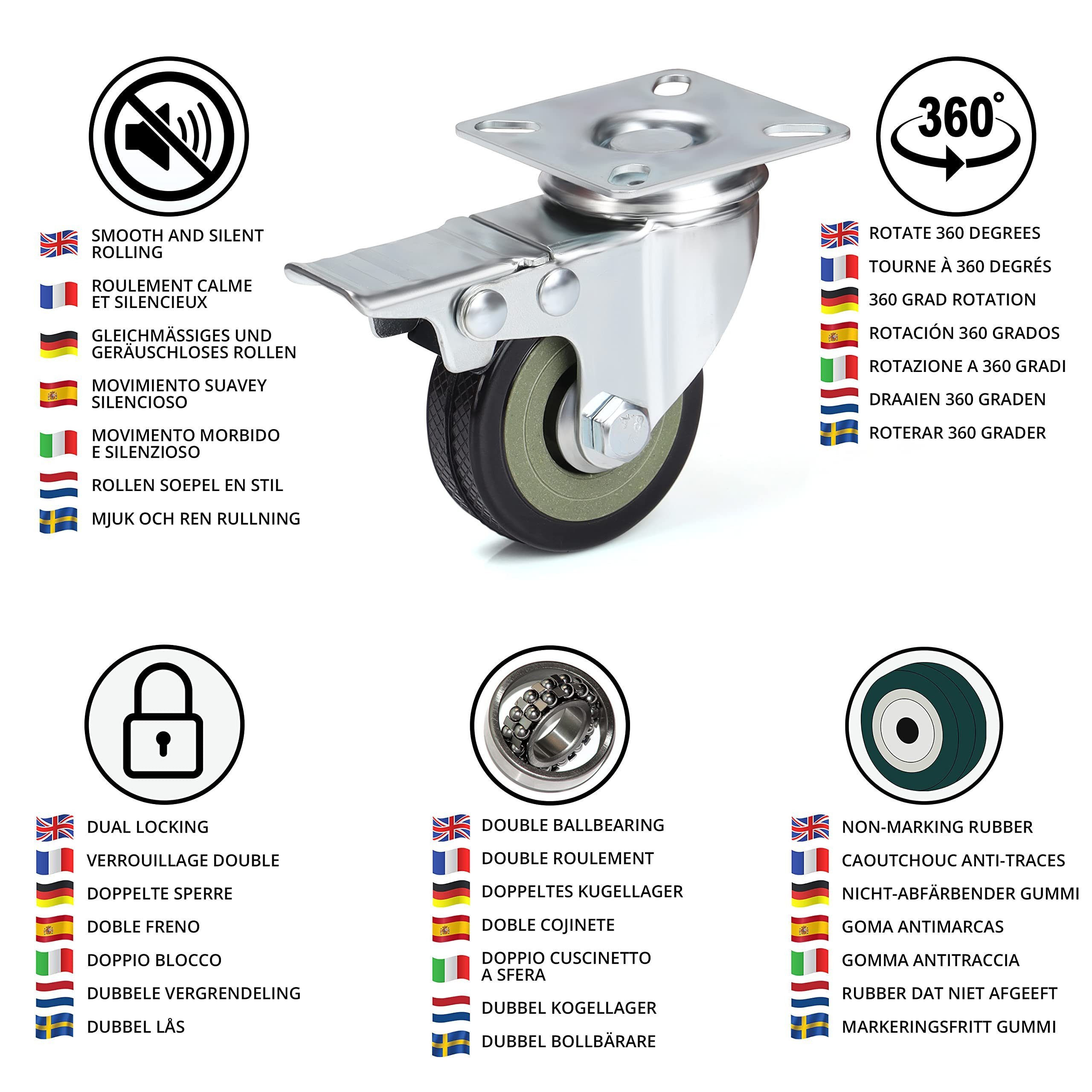 Lenkrollen (8 Stück) Kurtzy (8 Belastbarkeit - Möbelrolle 50mm - 50mm Lenkrollen bis Max. 200kg 200kg, Stk) Schwere