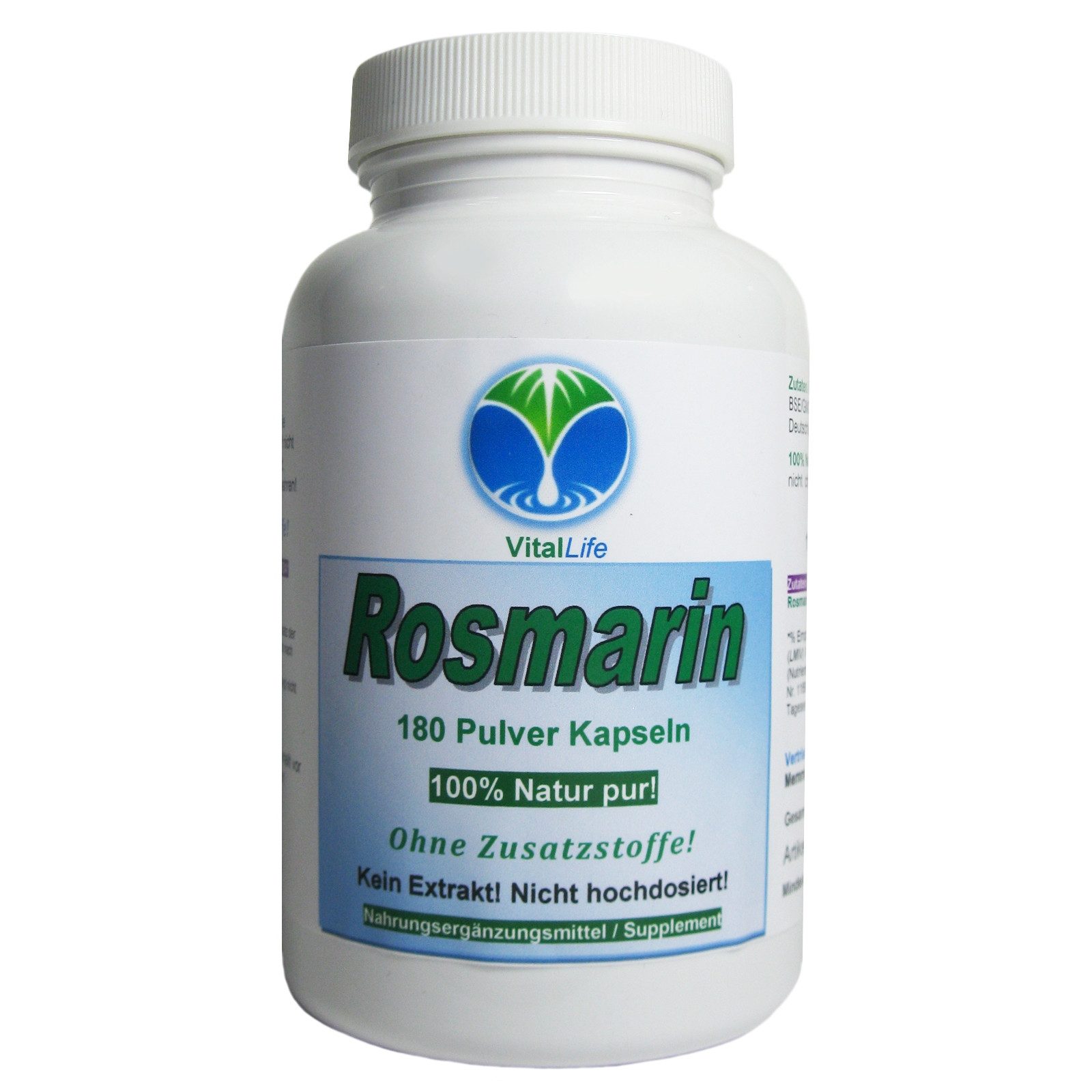 VitalLife Rosmarin Kreislauf Kräuter Natur pur OHNE Zusatzstoffe OHNE Füllstoffe Kapseln, 1 er Dose à 180 St., 54 g, Art. 26411