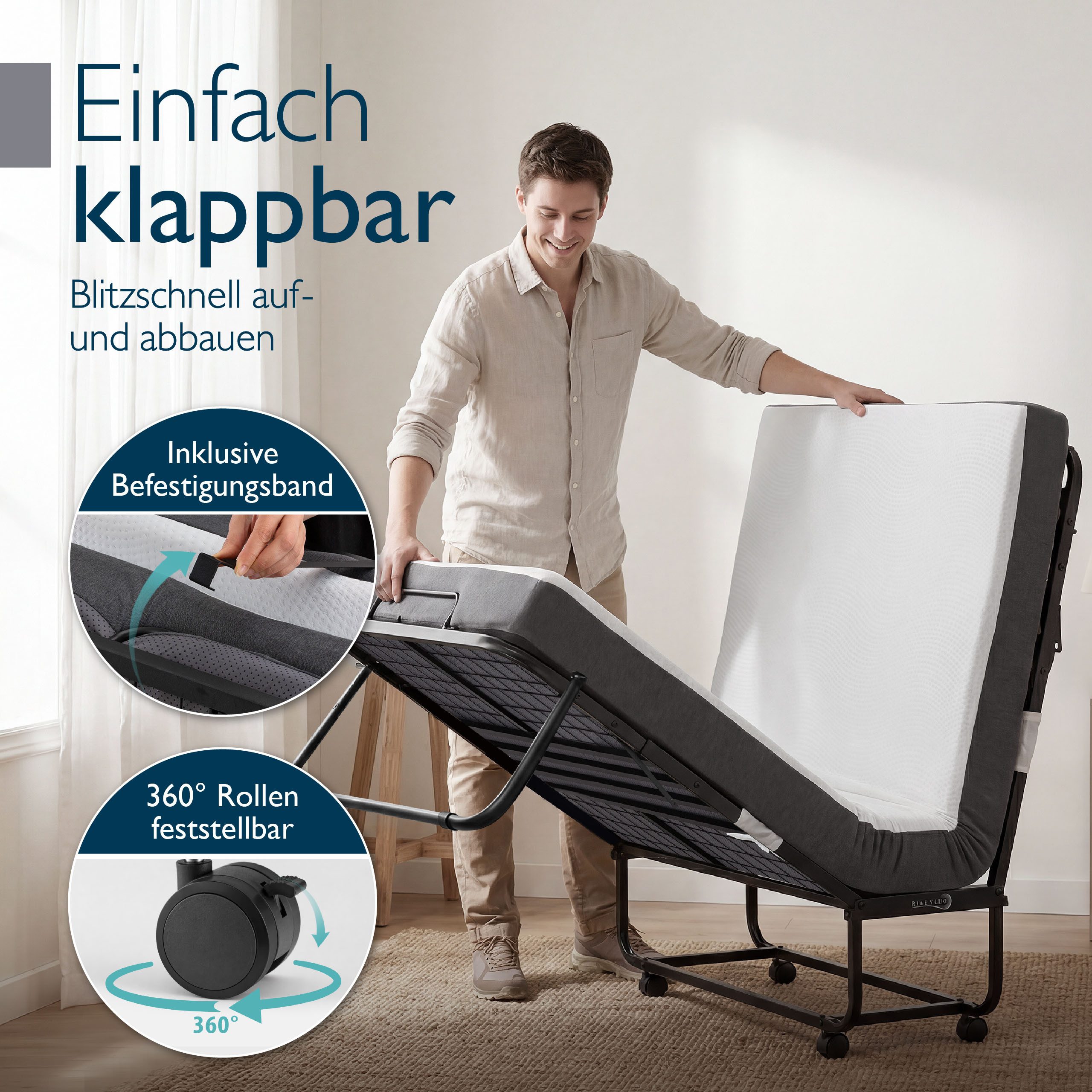 Beautissu Gästebett Gästebett Traumkraft klappbar 90x200 cm Liegefläche 190cm Reisebett mit Drahtgestell inkl Schutzhülle & 10, 5 cm Matratze – Bild 4 von 5