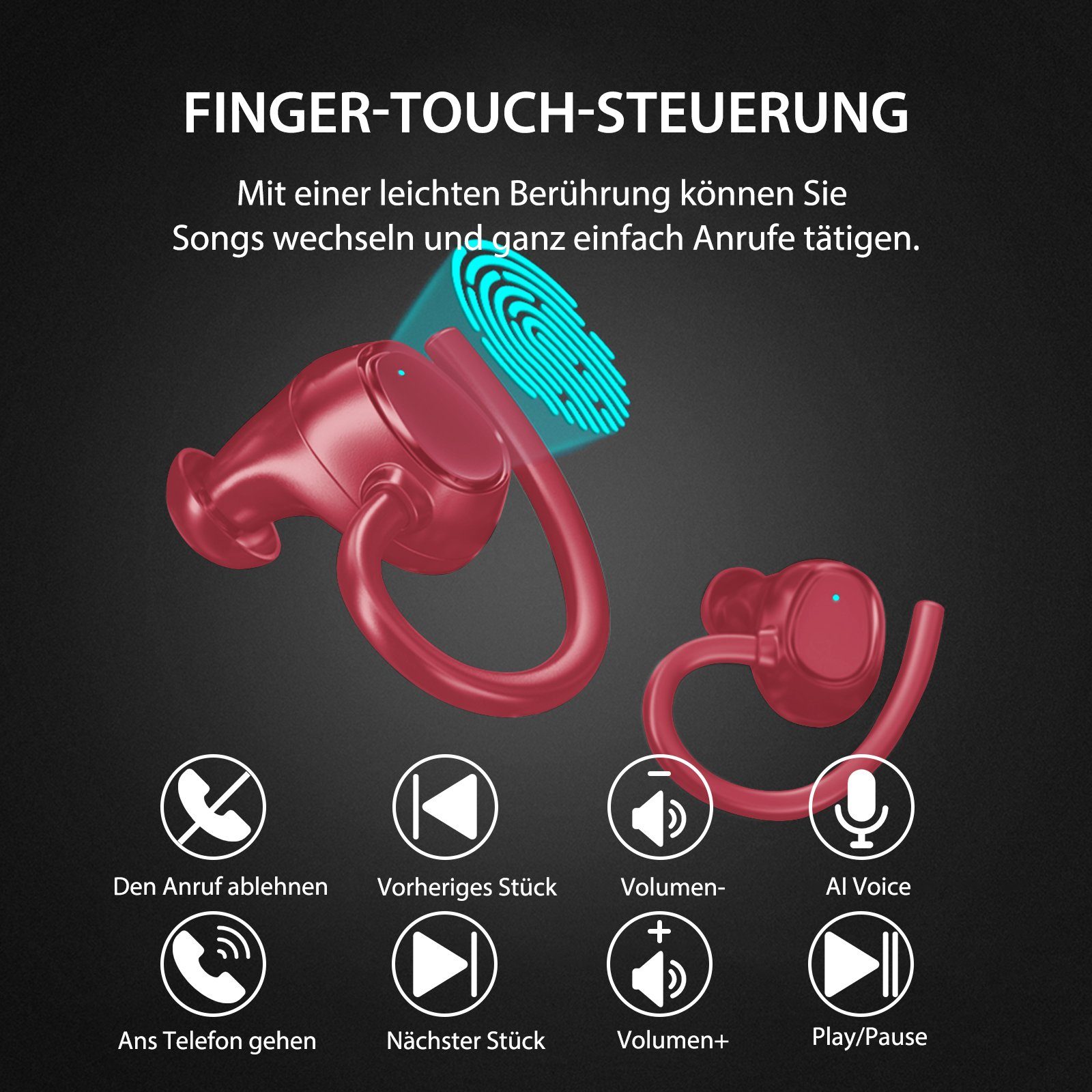 Bluetooth 5.3 Ohrbügeln Anruf, Sportkopfhörer, (Immersives HD ENC LED-Ladebox, CVC8.0) Rot HIFI-Stereo, Kabellos In-Ear-Kopfhörer mit mit Bluetooth Yuede Rauschunterdruckung, Kopfhorer Earbuds