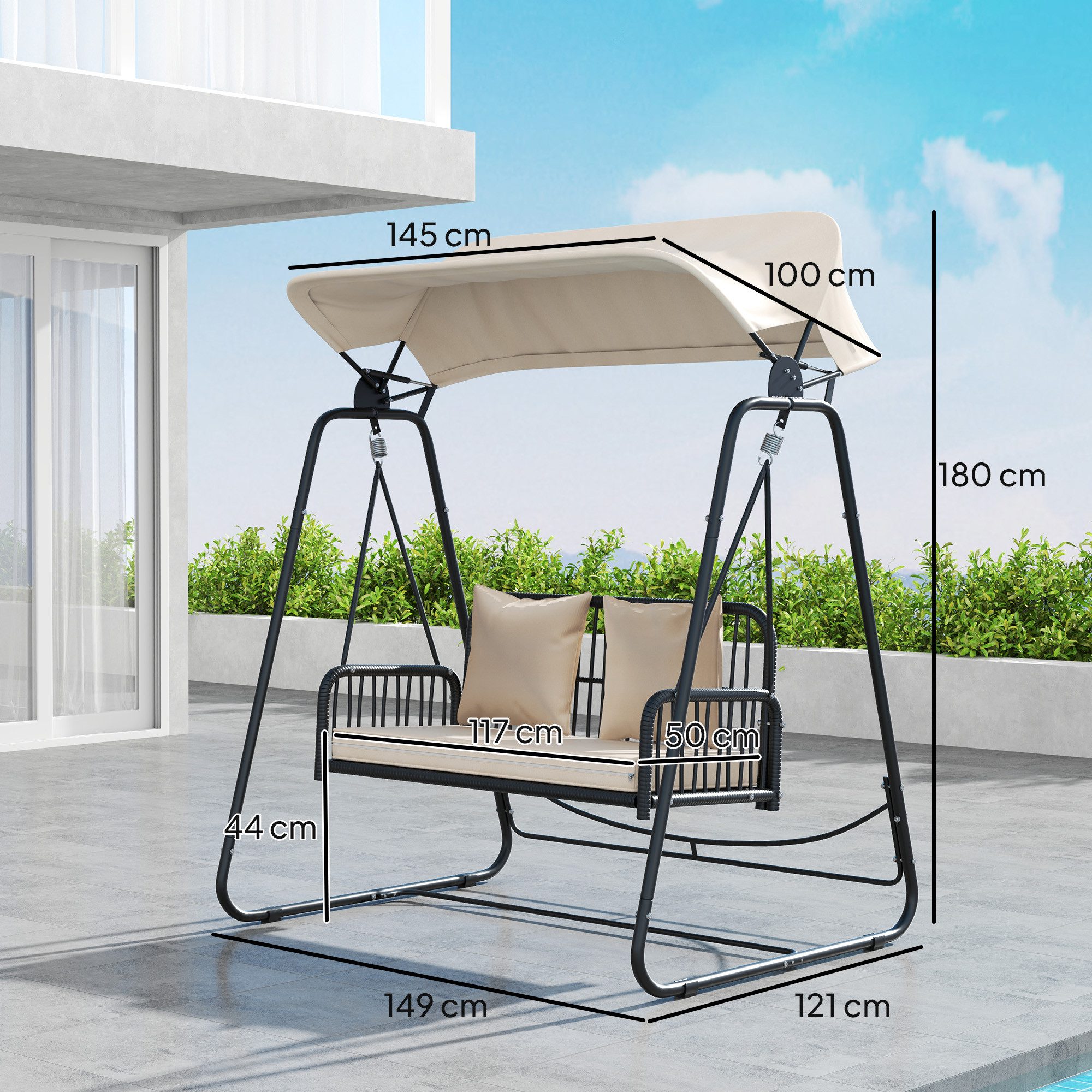 Outsunny Hollywoodschaukel mit verstellbar Sonnendach, Kissen, bis 240 kg belastbar, 2-Sitzer, Entspannen, Rattan-Schaukelstuhl, 1 tlg., 2 Sitzer Gartenschaukel, für Garten, Balkon, 149 x 121 x 180 cm, Khaki
