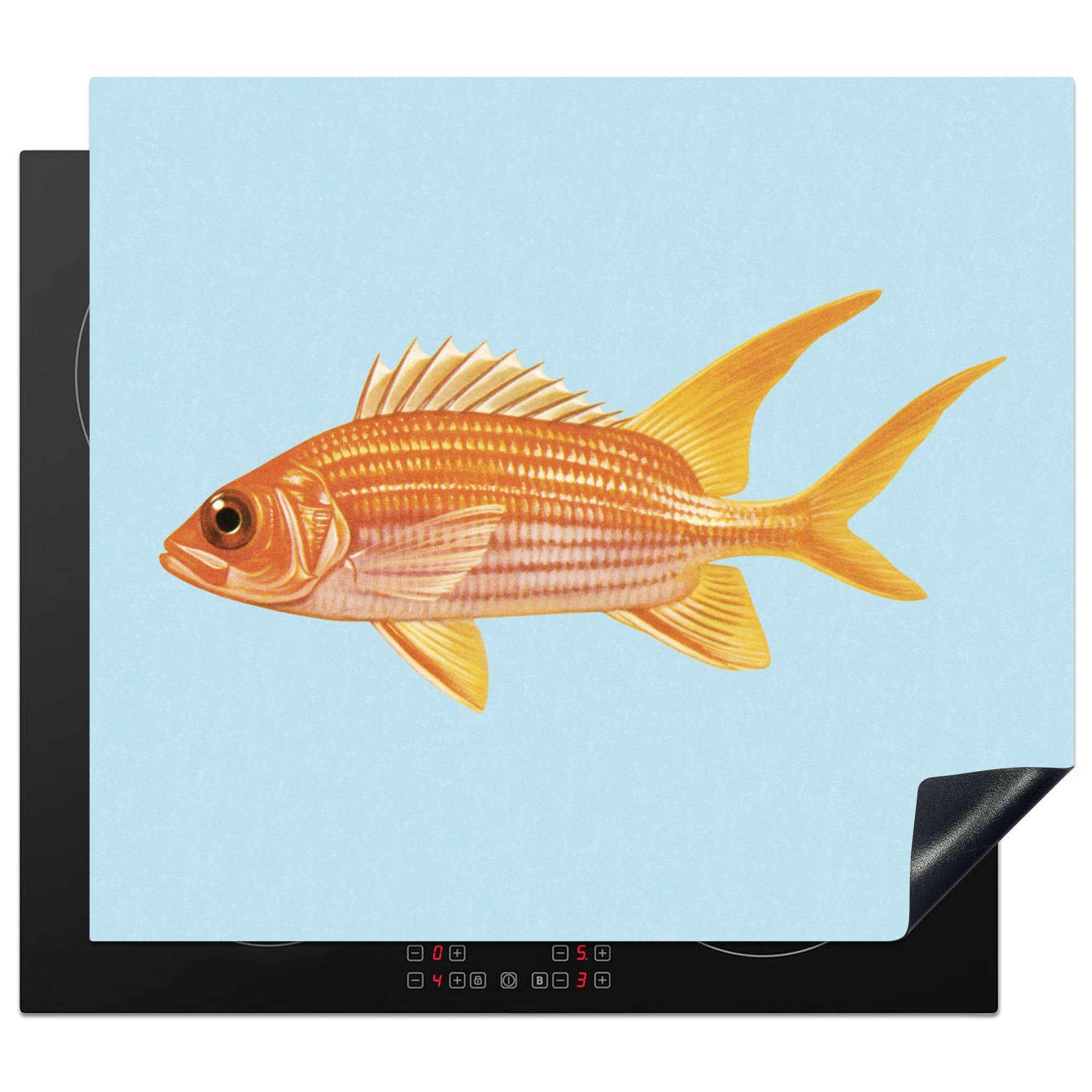MuchoWow Herdblende-/Abdeckplatte Eine Illustration eines Goldfisches auf blauem Hintergrund, Vinyl, (1 tlg), 60x52 cm, Mobile Arbeitsfläche nutzbar, Ceranfeldabdeckung