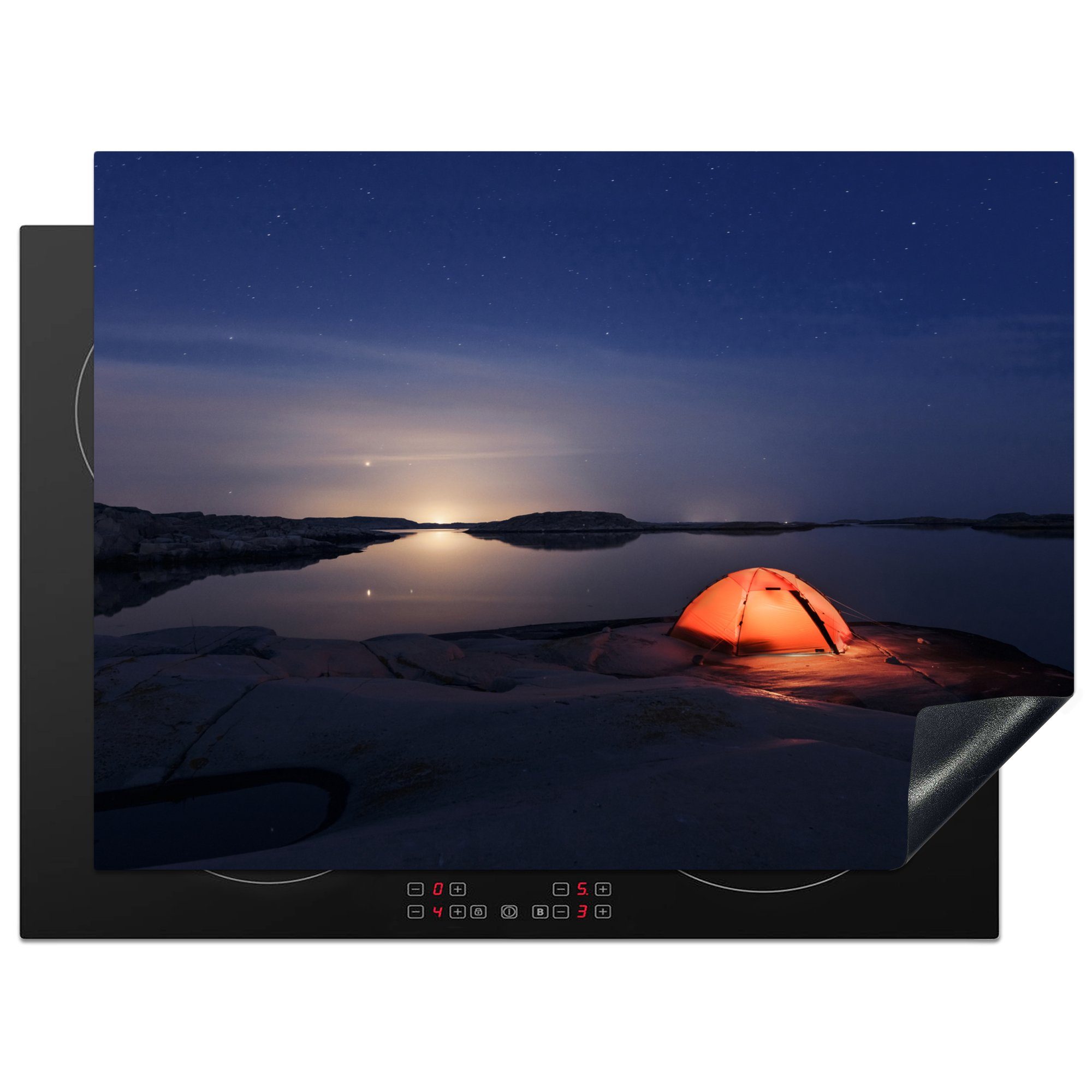 Mobile Sonnenaufgang, Ein Herdblende-/Abdeckplatte mit Beleuchtung 70x52 Arbeitsfläche MuchoWow Zelt tlg), Vinyl, Ceranfeldabdeckung nutzbar, bei cm, (1