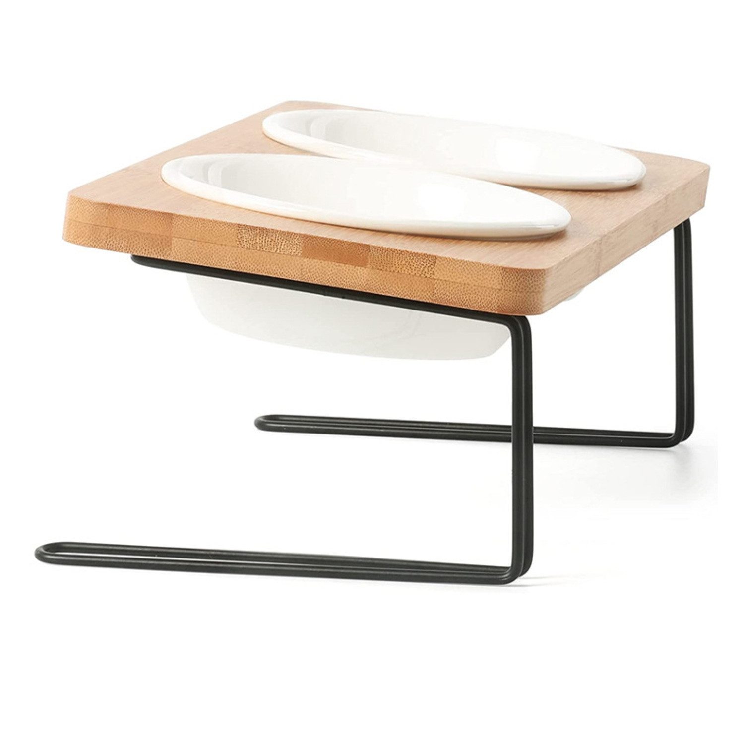 Penelife Futterstation mit 2 Keramik Näpfen und Bambus Ständer - Fressnapf Katzennapf, Keramik, 15 Grad gekipptes Design - Hundenapf Erhöht (12 cm) - Selber aufbauen