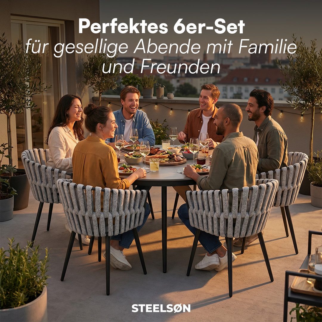 STEELSØN Gartenstuhl Tarian mit Sitzkissen, Loungesessel im Rope-Design (6er-Set, Hellgrau), wetterfest & höhenverstellbar, bis 120kg belastbar – Bild 4 von 5